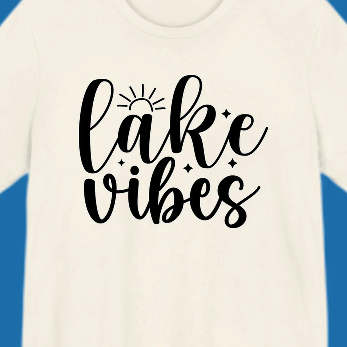 White script text 'lake vibes' with sun and stars graphic, perfect for lake life.