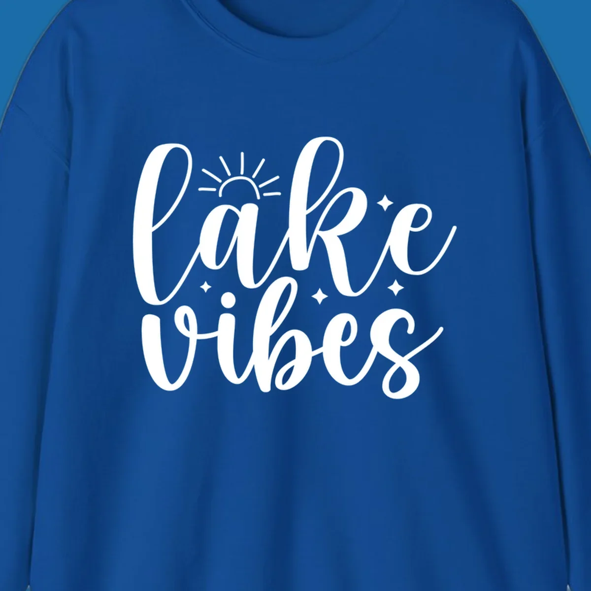 White script text 'lake vibes' with sun and stars graphic, perfect for lake life.
