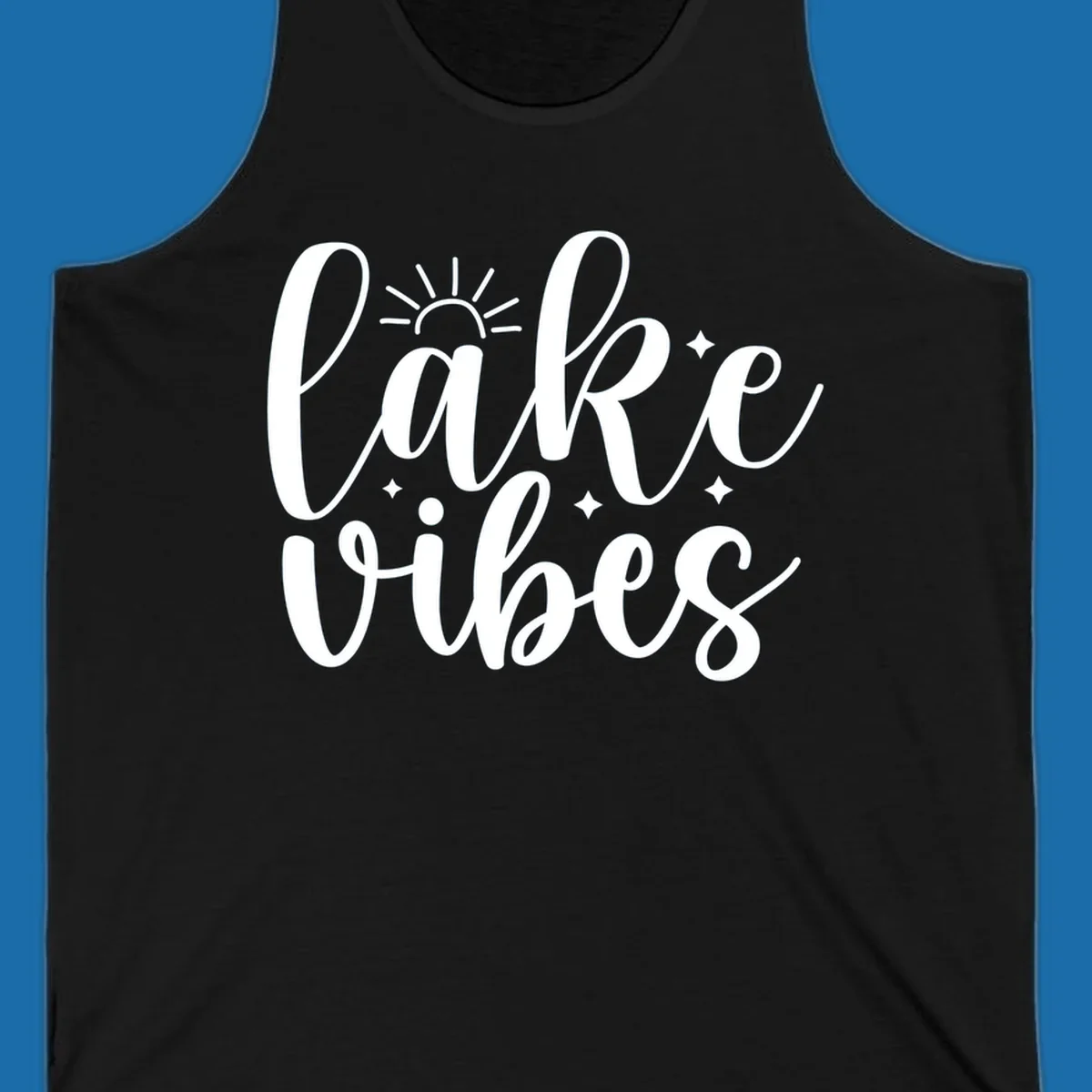 White script text 'lake vibes' with sun and stars graphic, perfect for lake life.