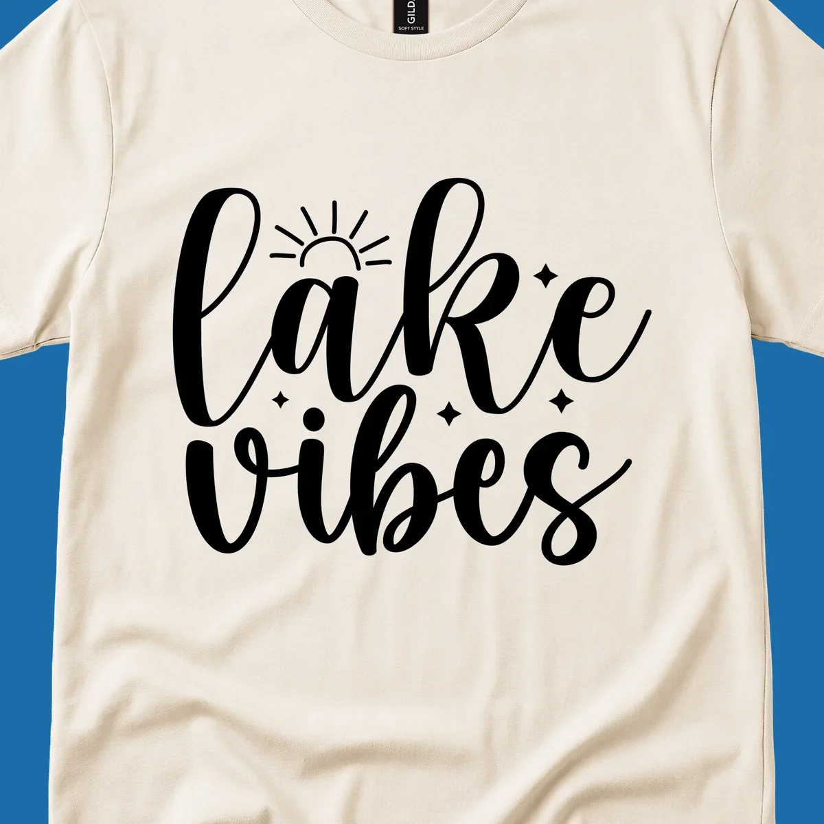 White script text 'lake vibes' with sun and stars graphic, perfect for lake life.