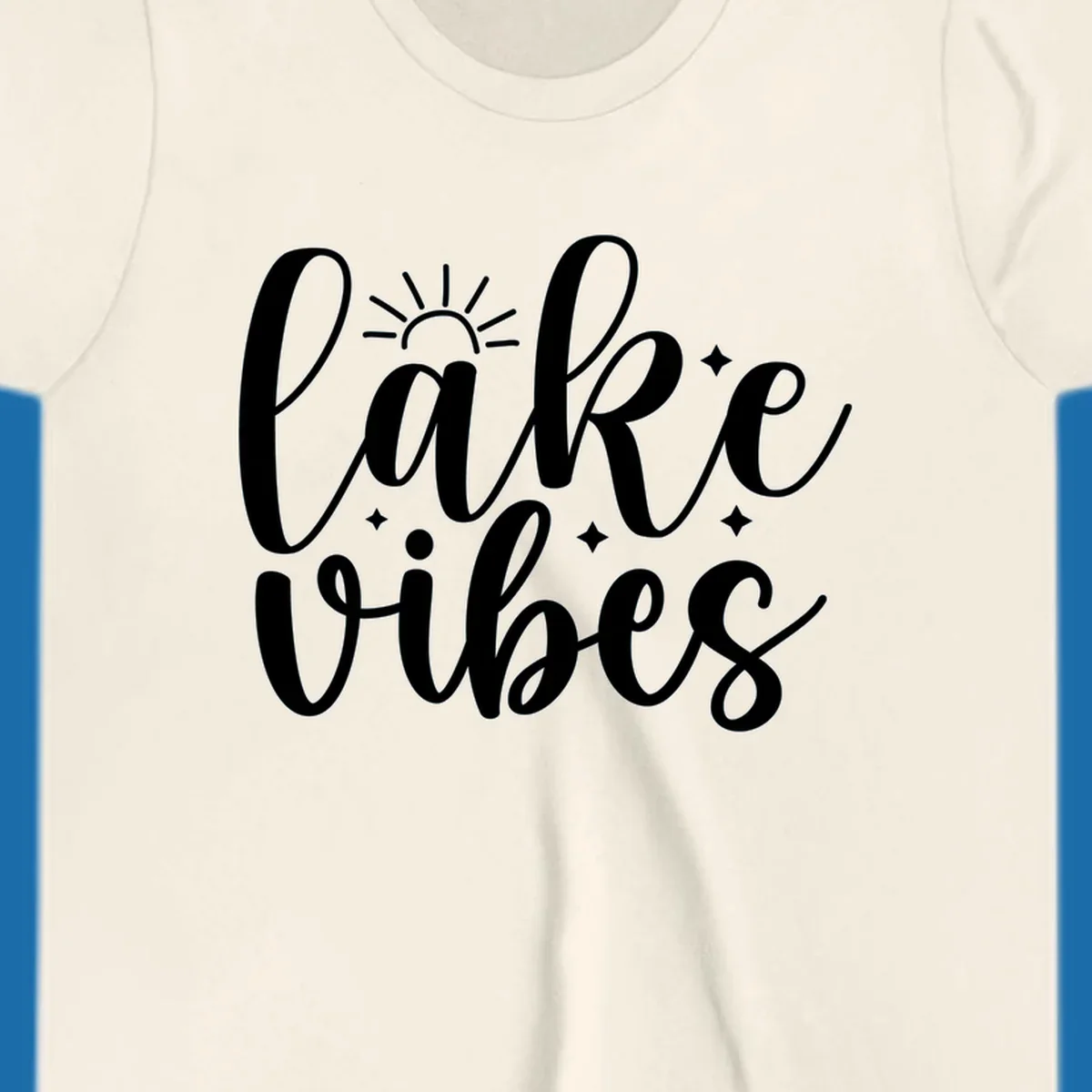White script text 'lake vibes' with sun and stars graphic, perfect for lake life.
