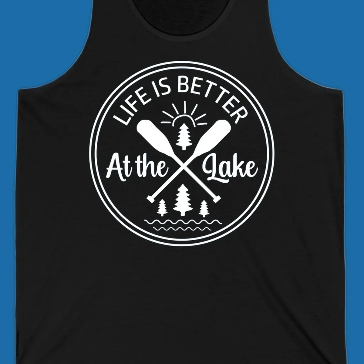 Life is better at the lake circular badge with oars, trees, sun, and waves.