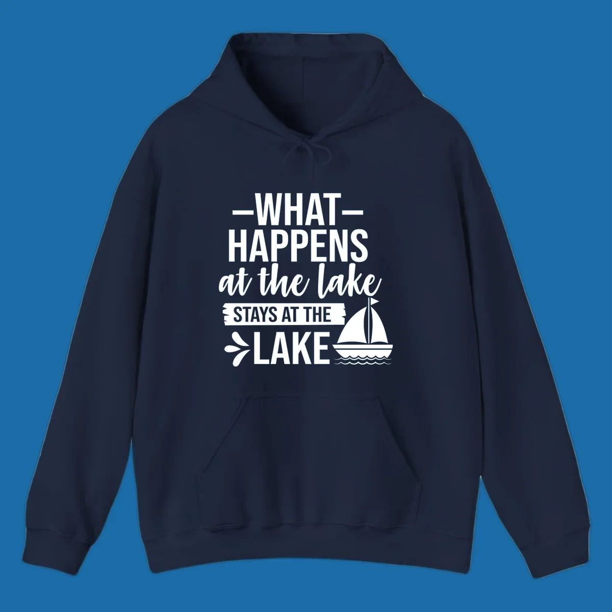 What Happens At The Lake Stays At The Lake quote with sailboat, on dark and light backgrounds.