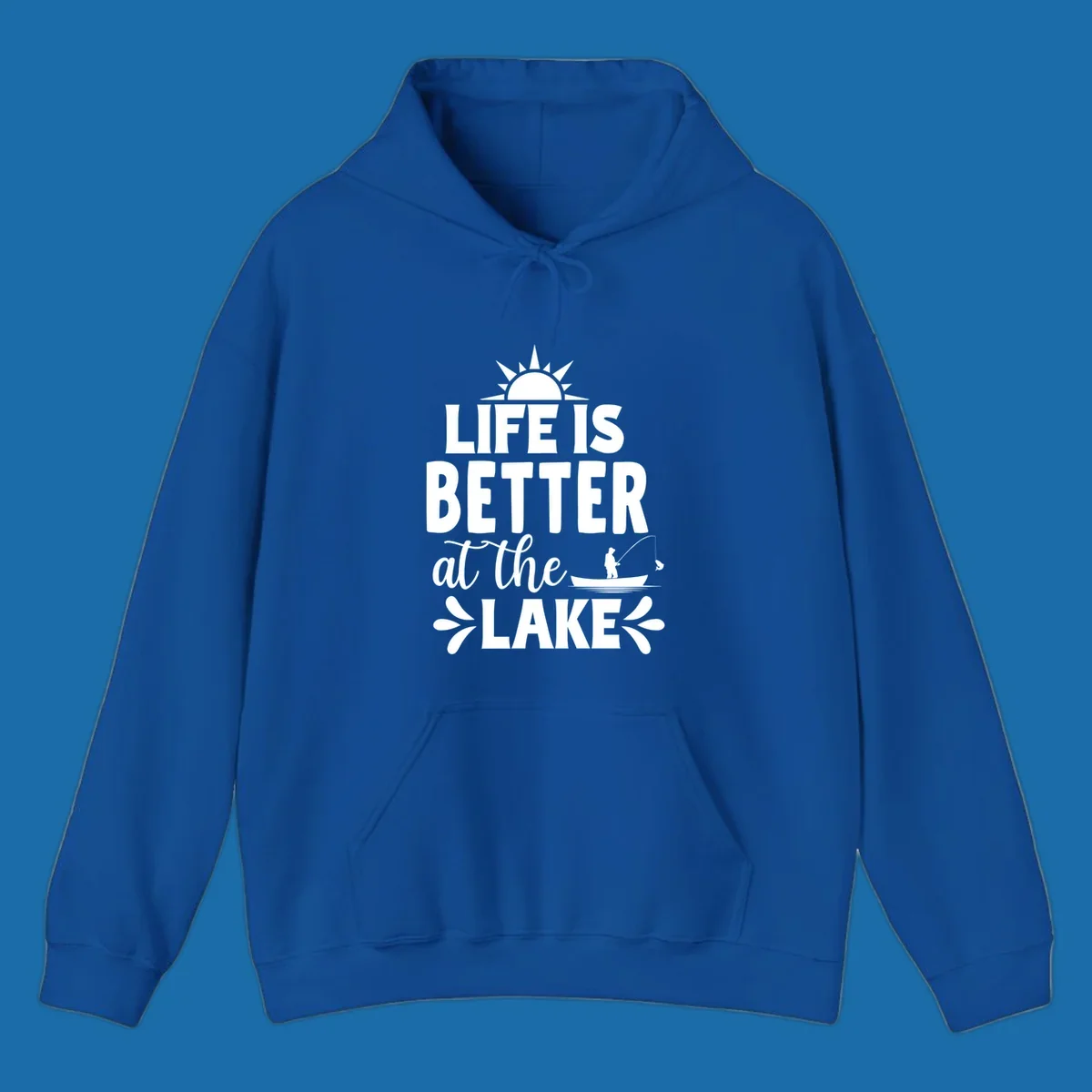 Life is better at the lake design with sun, fisherman, and fish.