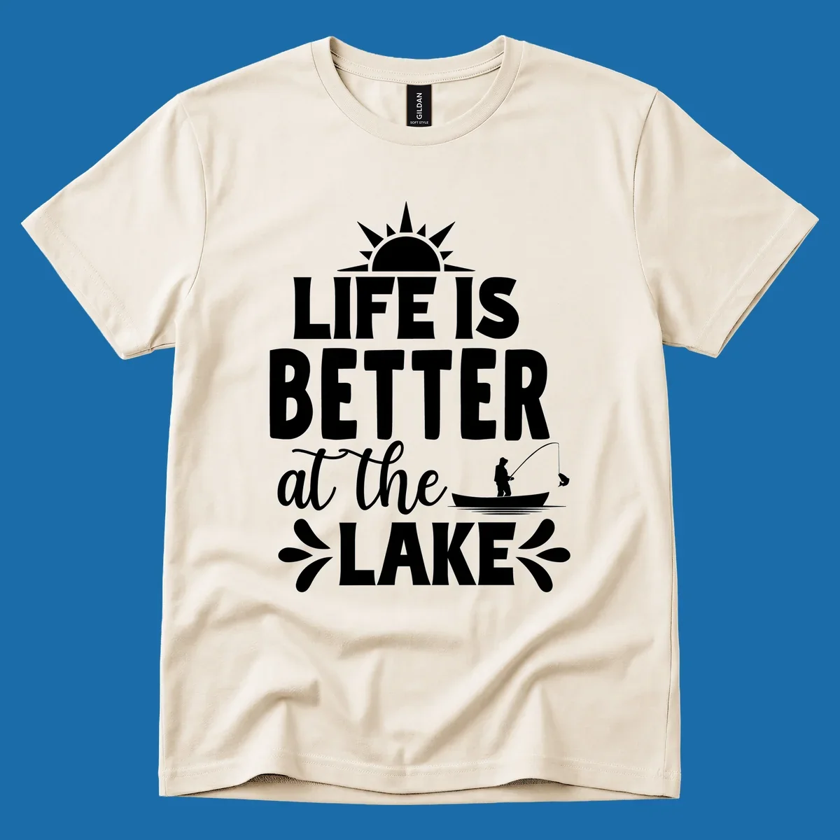 Life is better at the lake design with sun, fisherman, and fish.