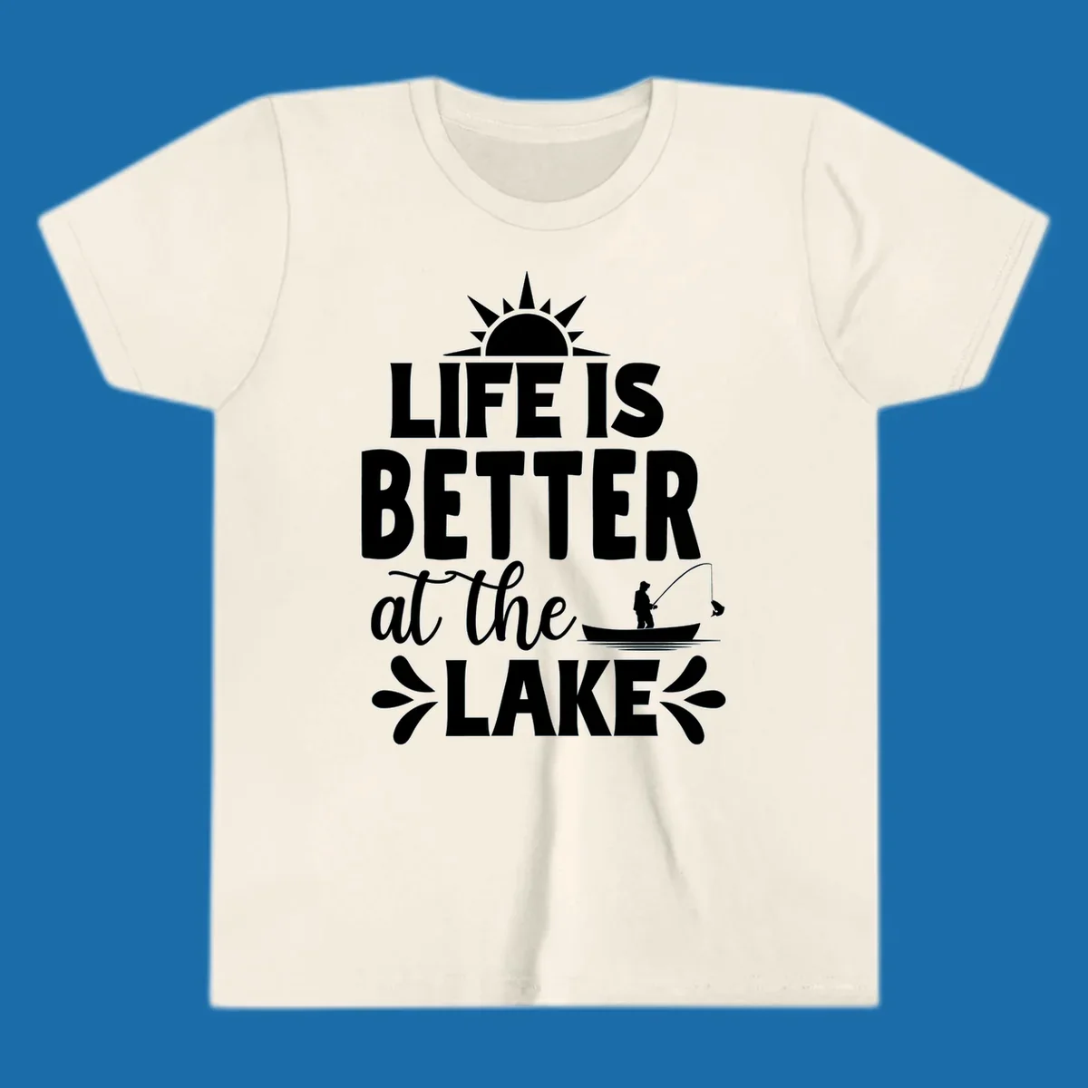 Life is better at the lake design with sun, fisherman, and fish.