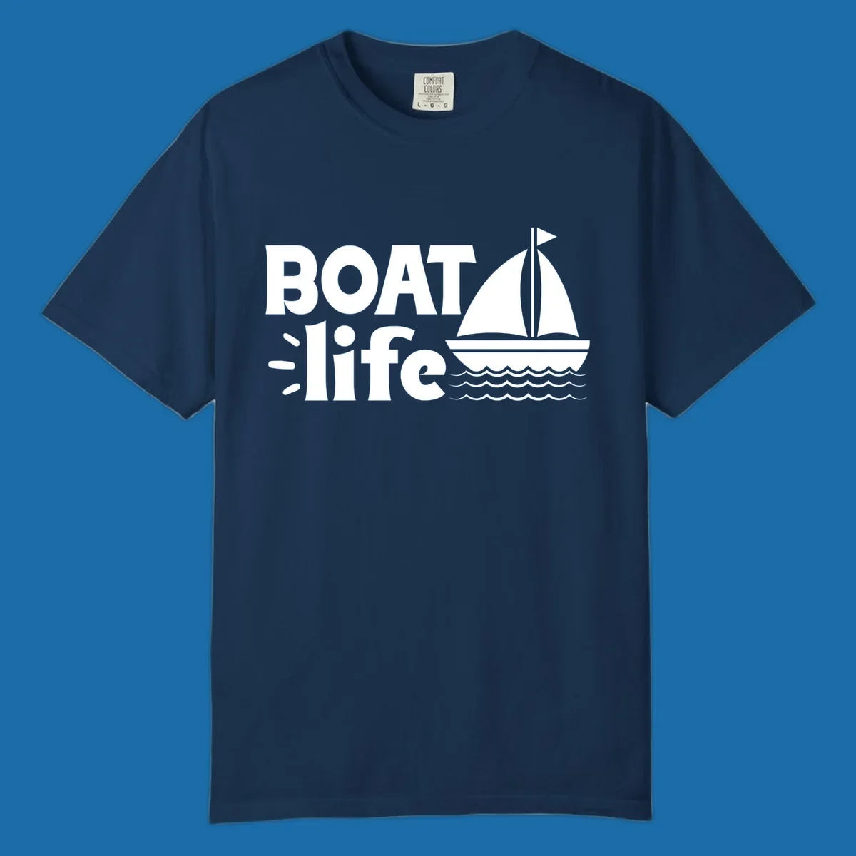Boat Life text with a sailboat illustration on waves, perfect for lake days.