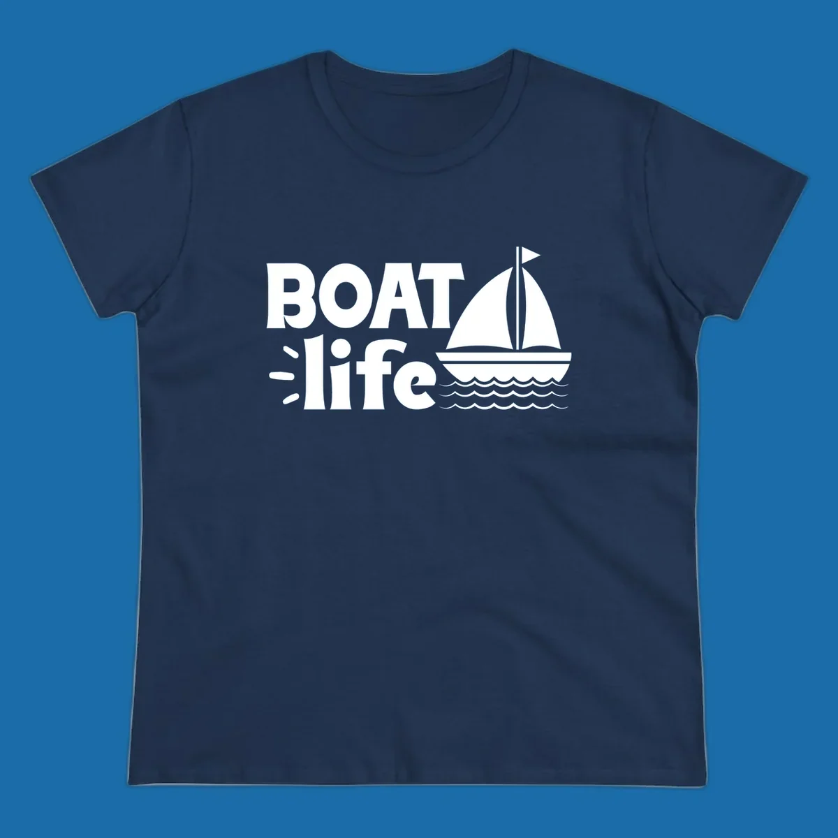 Boat Life text with a sailboat illustration on waves, perfect for lake days.