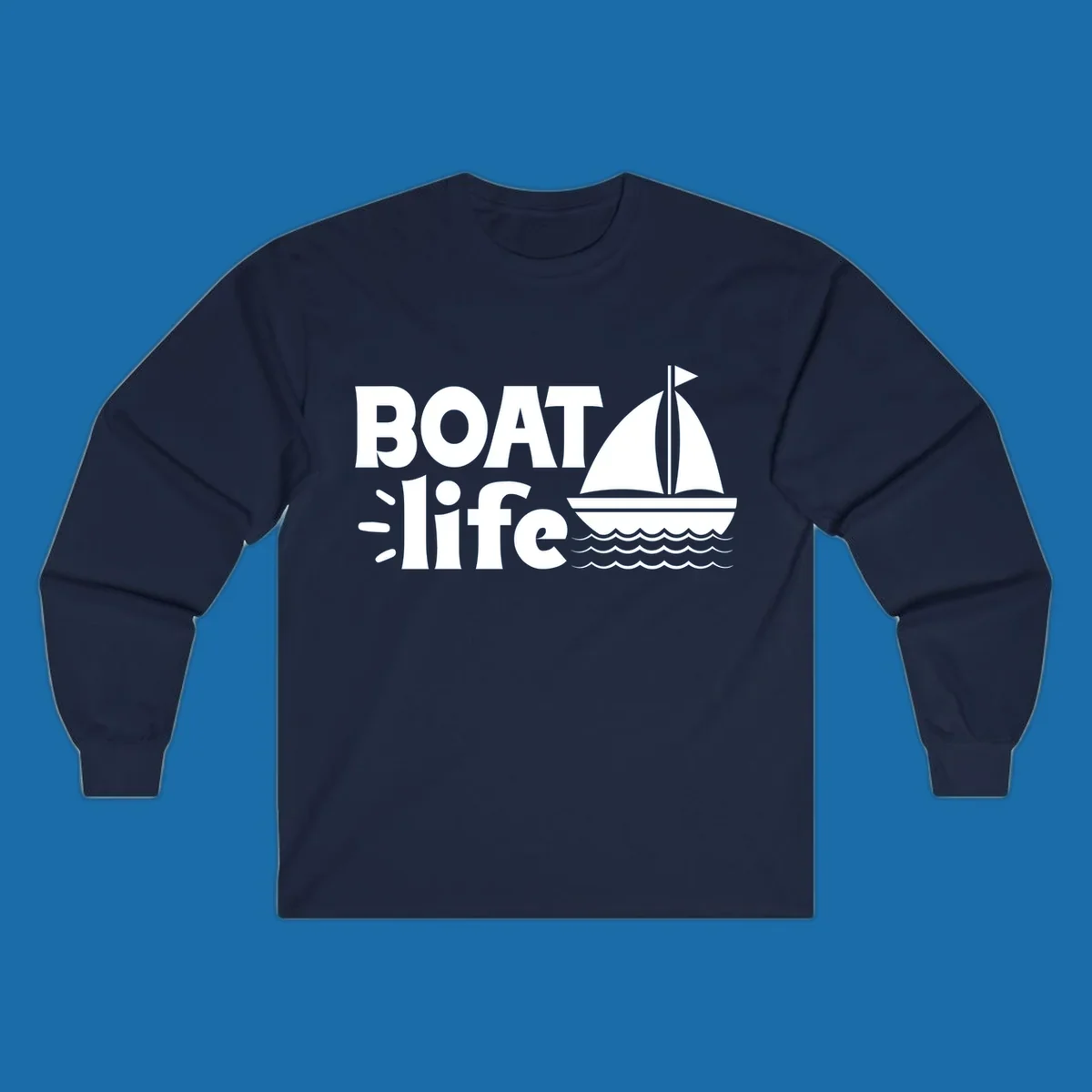 Boat Life text with a sailboat illustration on waves, perfect for lake days.
