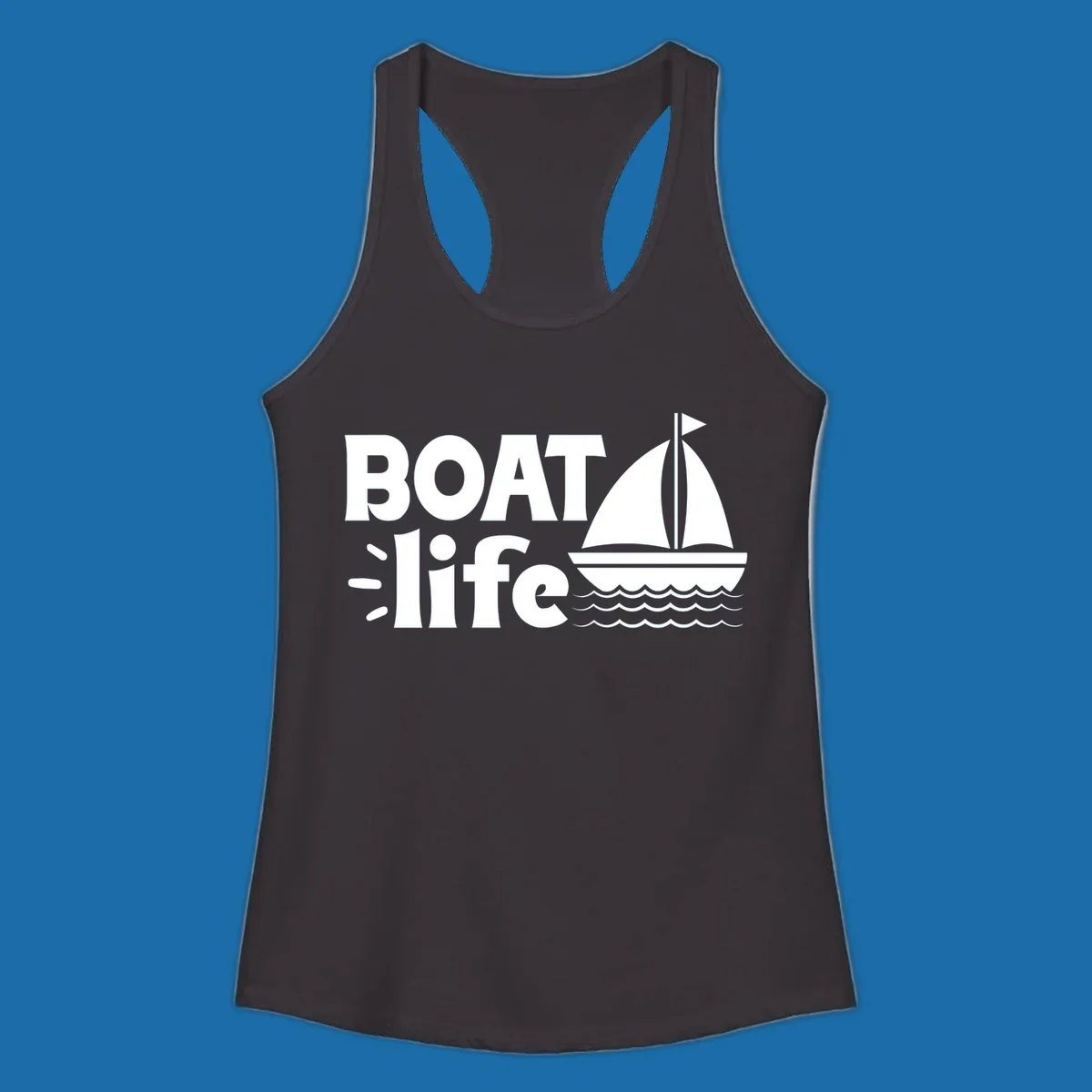 Boat Life text with a sailboat illustration on waves, perfect for lake days.