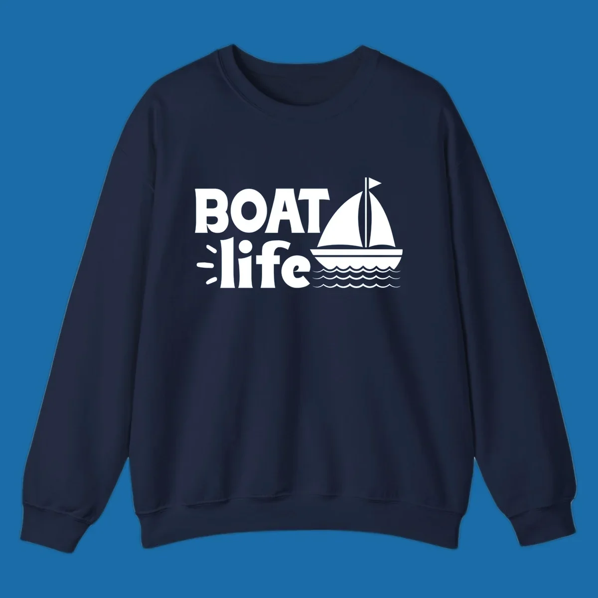 Boat Life text with a sailboat illustration on waves, perfect for lake days.