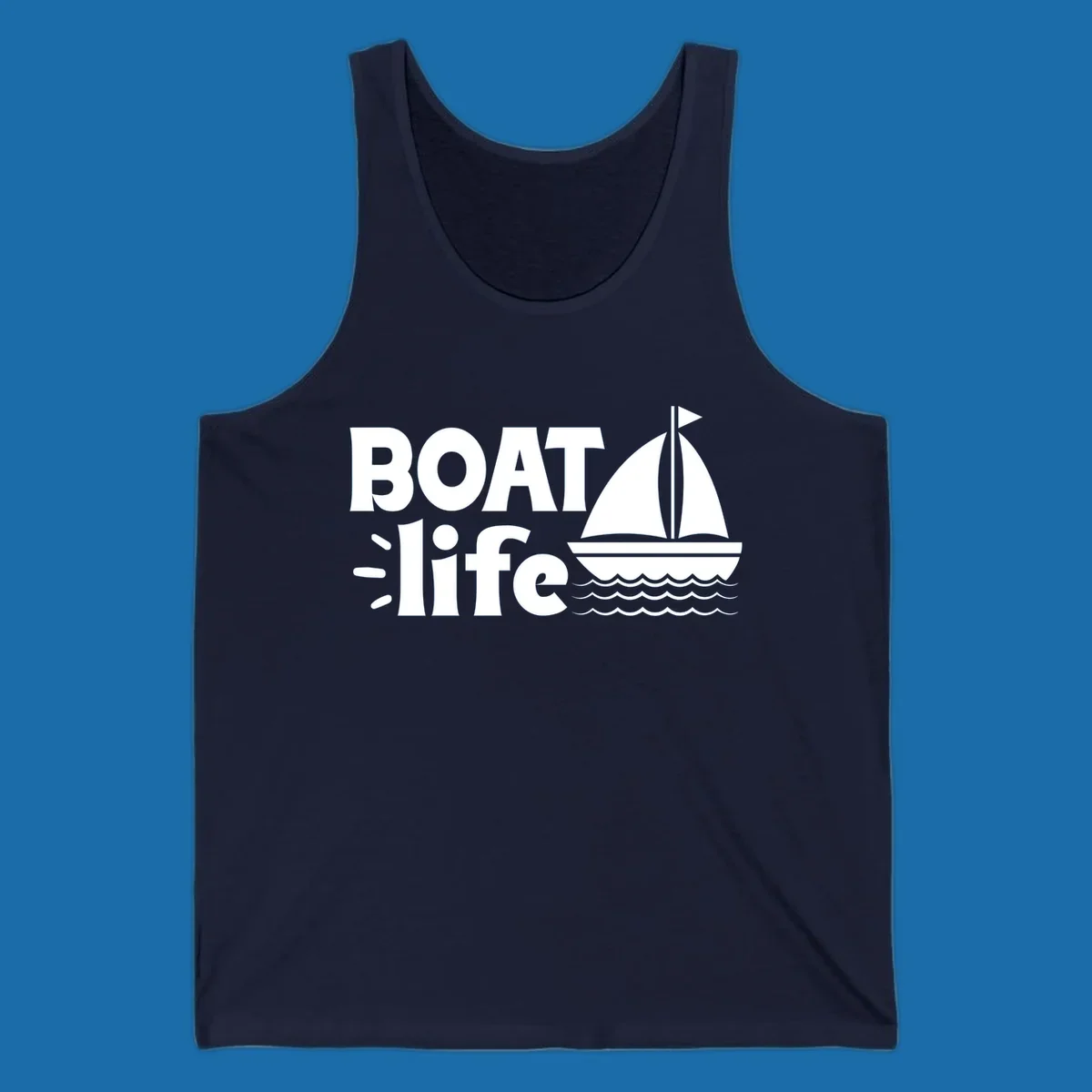 Boat Life text with a sailboat illustration on waves, perfect for lake days.