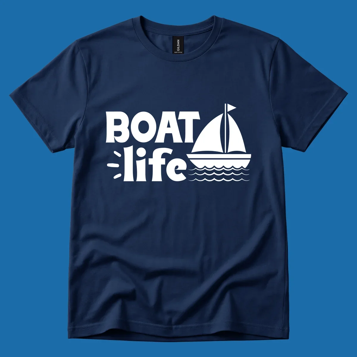 Boat Life text with a sailboat illustration on waves, perfect for lake days.