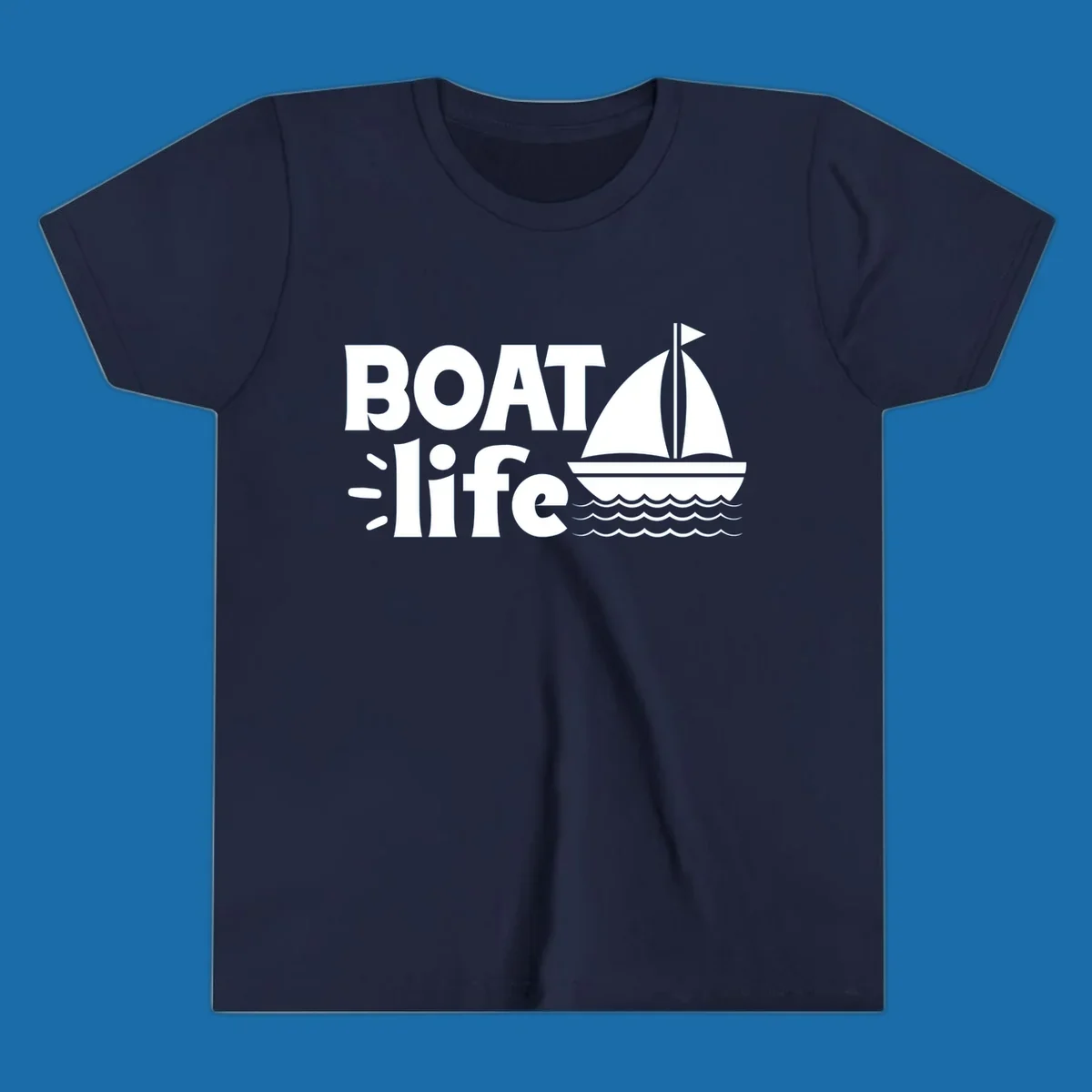 Boat Life text with a sailboat illustration on waves, perfect for lake days.