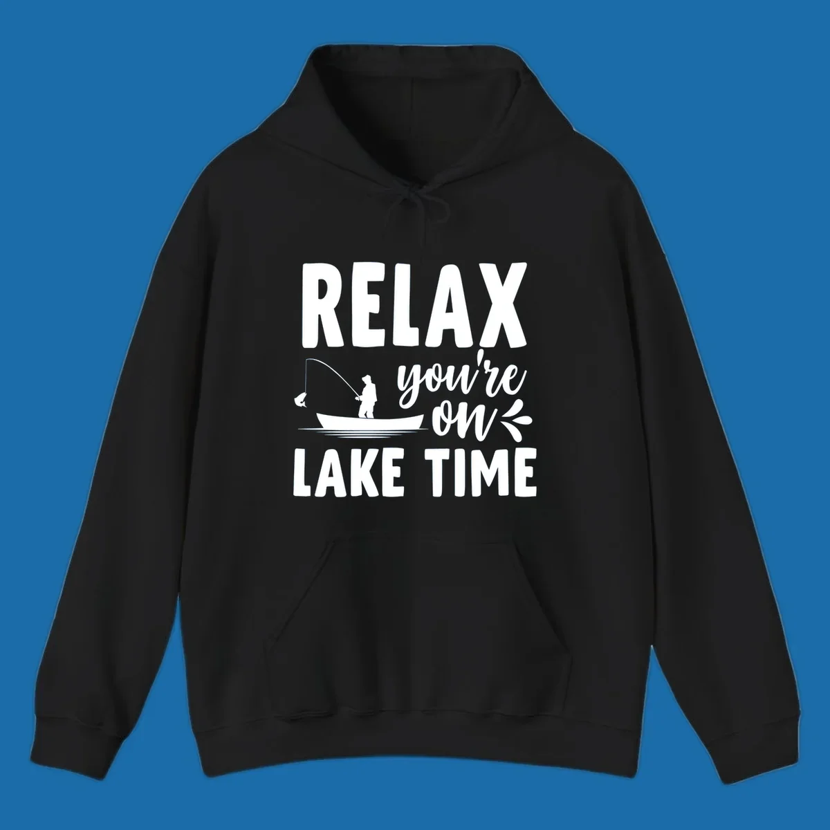 Relax you're on lake time fishing graphic with fisherman in boat catching fish.
