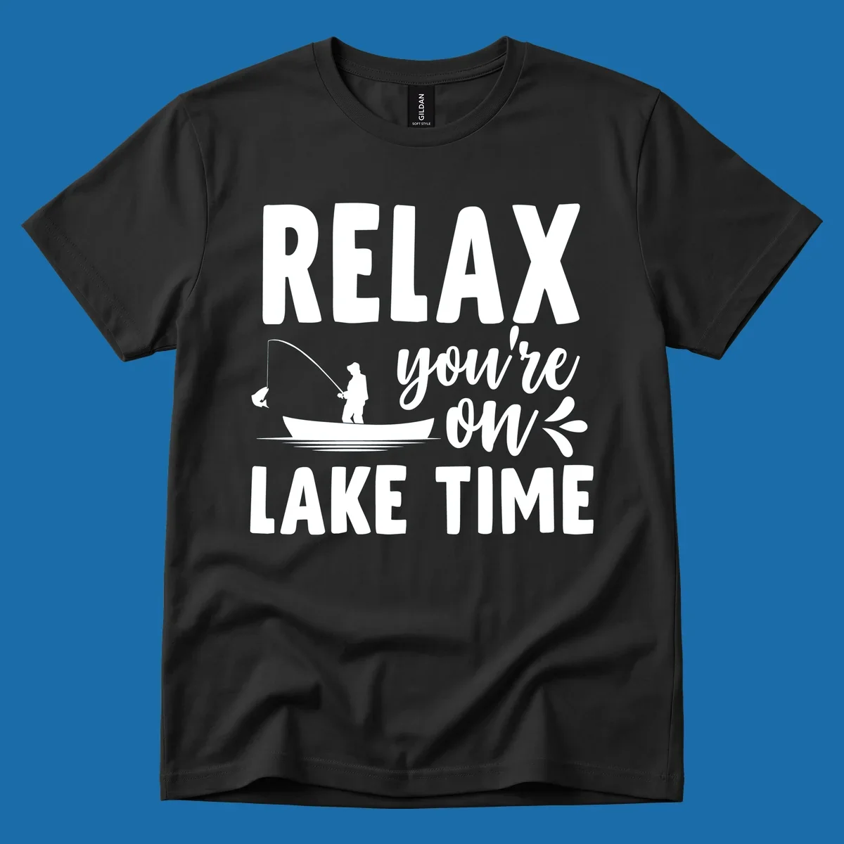 Relax you're on lake time fishing graphic with fisherman in boat catching fish.