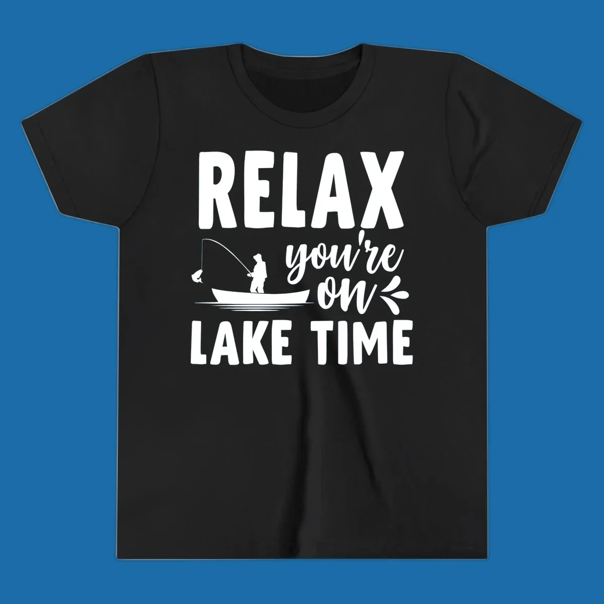 Relax you're on lake time fishing graphic with fisherman in boat catching fish.