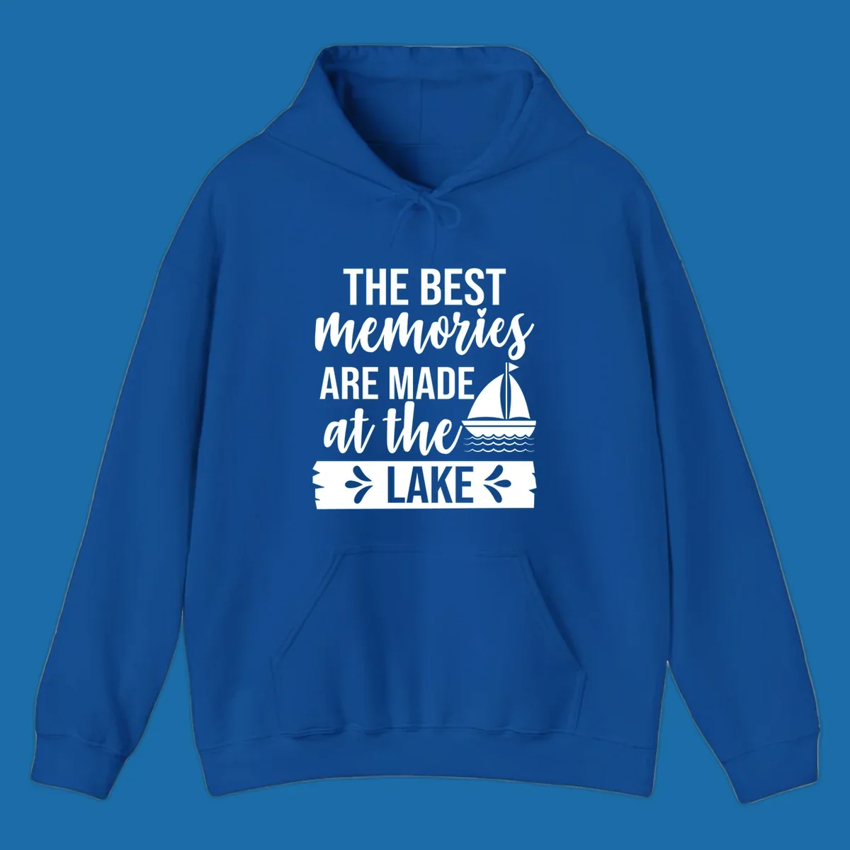 The Best Memories Are Made At The Lake text with sailboat graphic