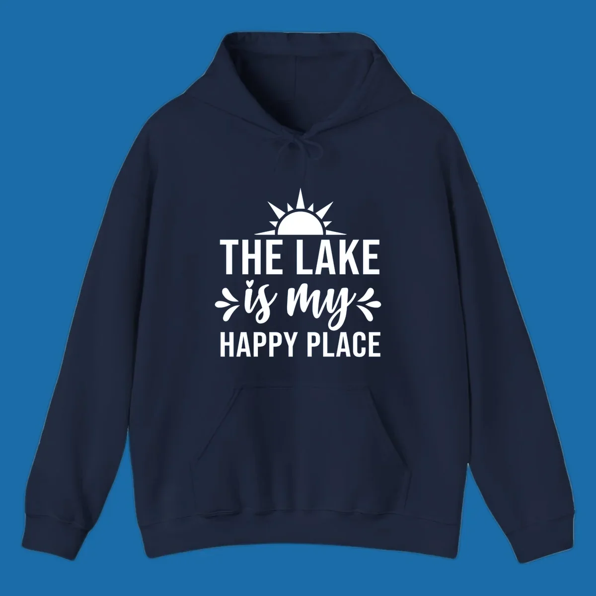 The Lake Is My Happy Place typography design with sun graphic.