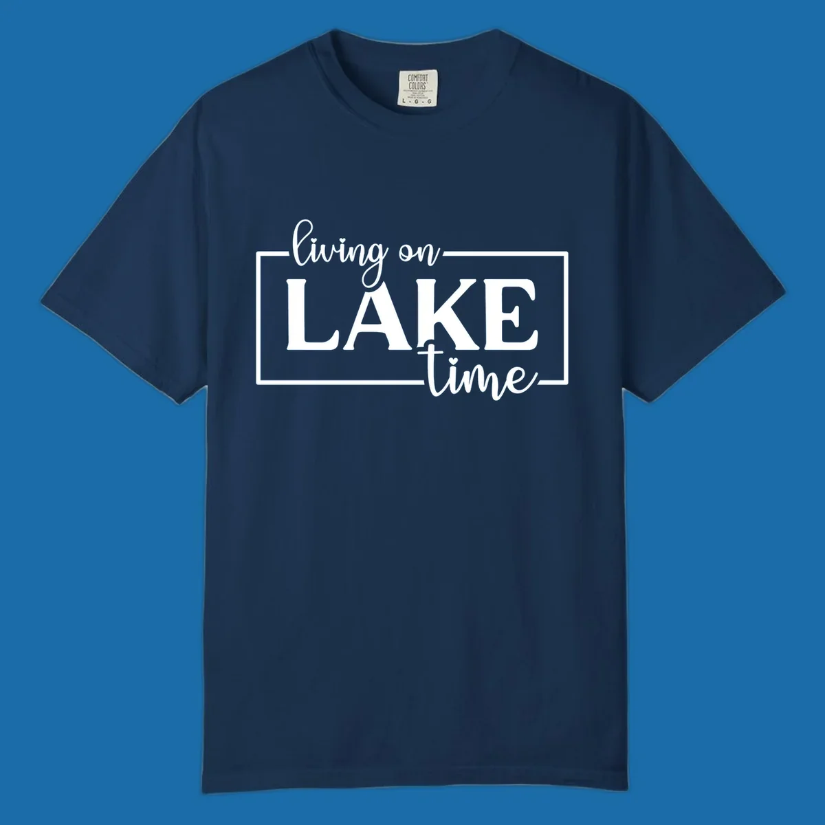 Living on lake time text design with script and bold fonts, inside a rectangle.