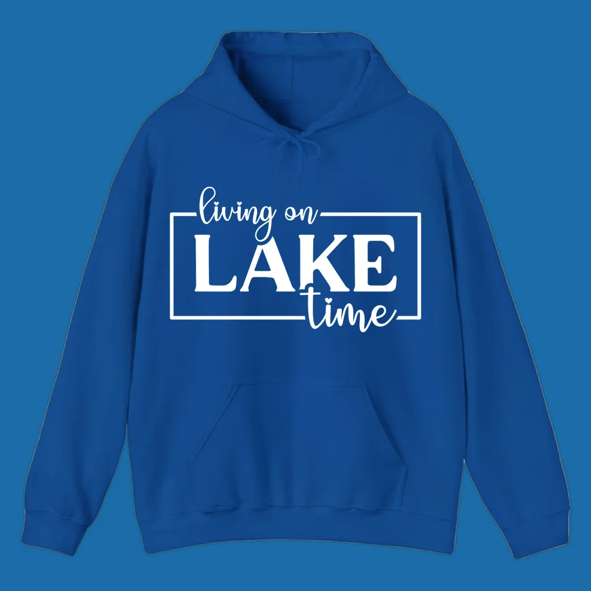 Living on lake time text design with script and bold fonts, inside a rectangle.