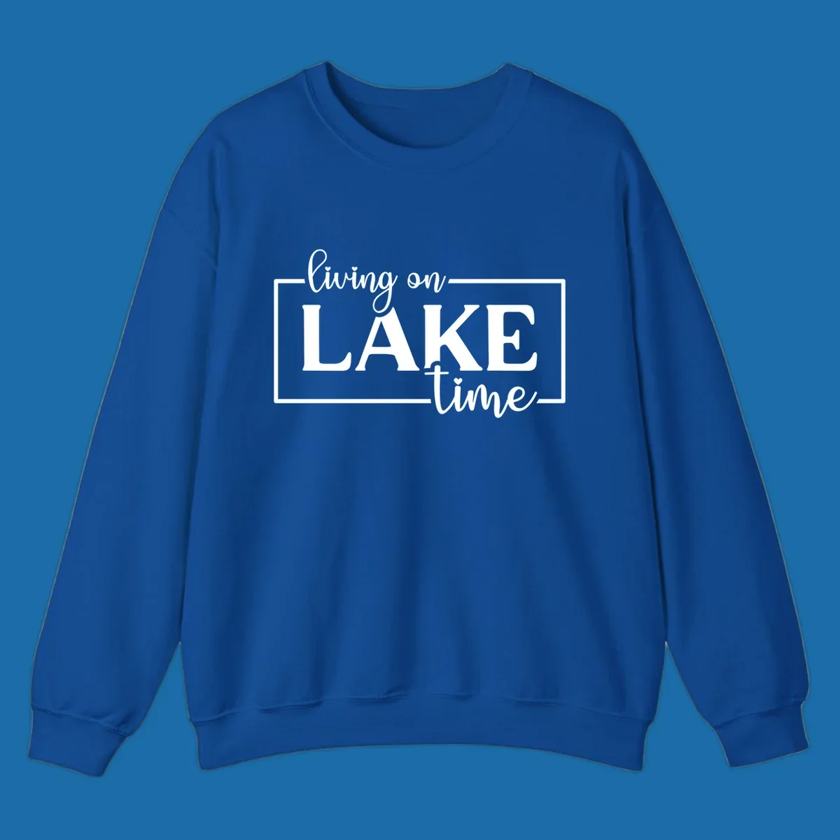 Living on lake time text design with script and bold fonts, inside a rectangle.