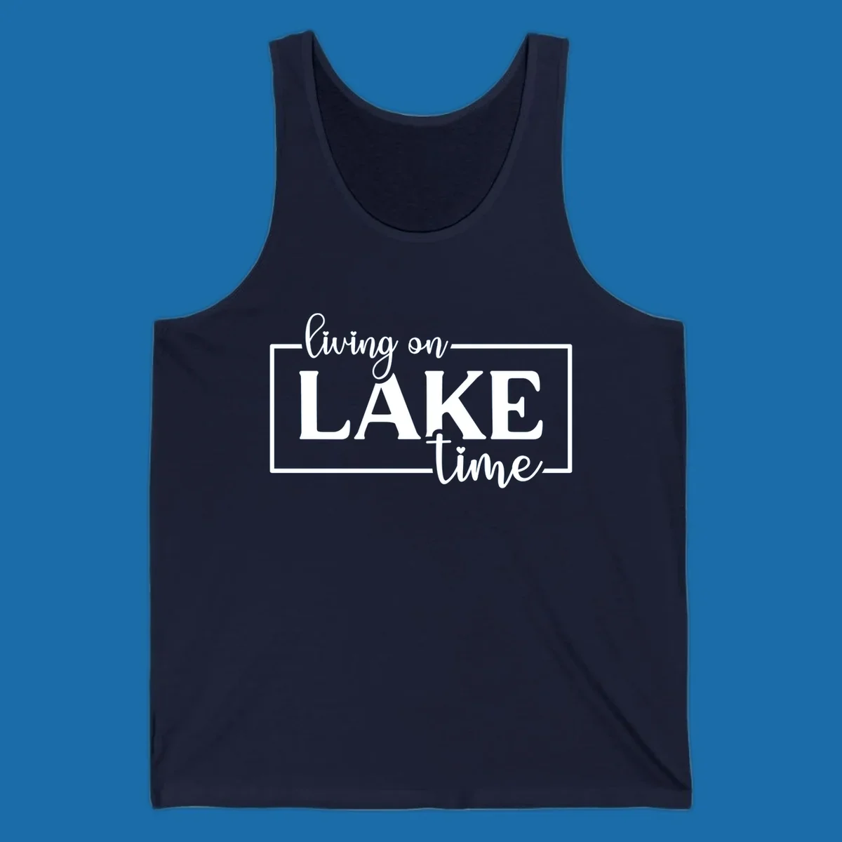 Living on lake time text design with script and bold fonts, inside a rectangle.
