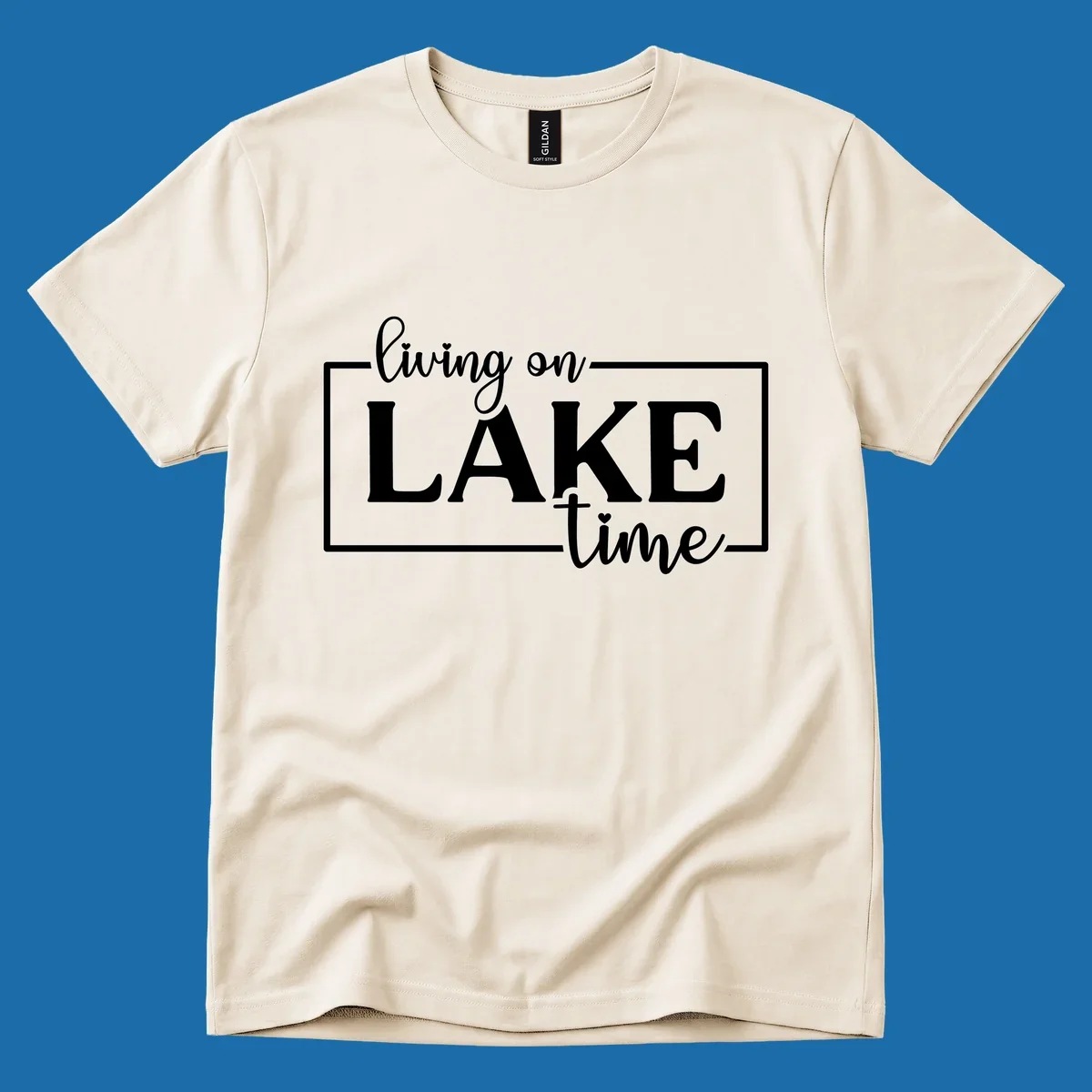 Living on lake time text design with script and bold fonts, inside a rectangle.