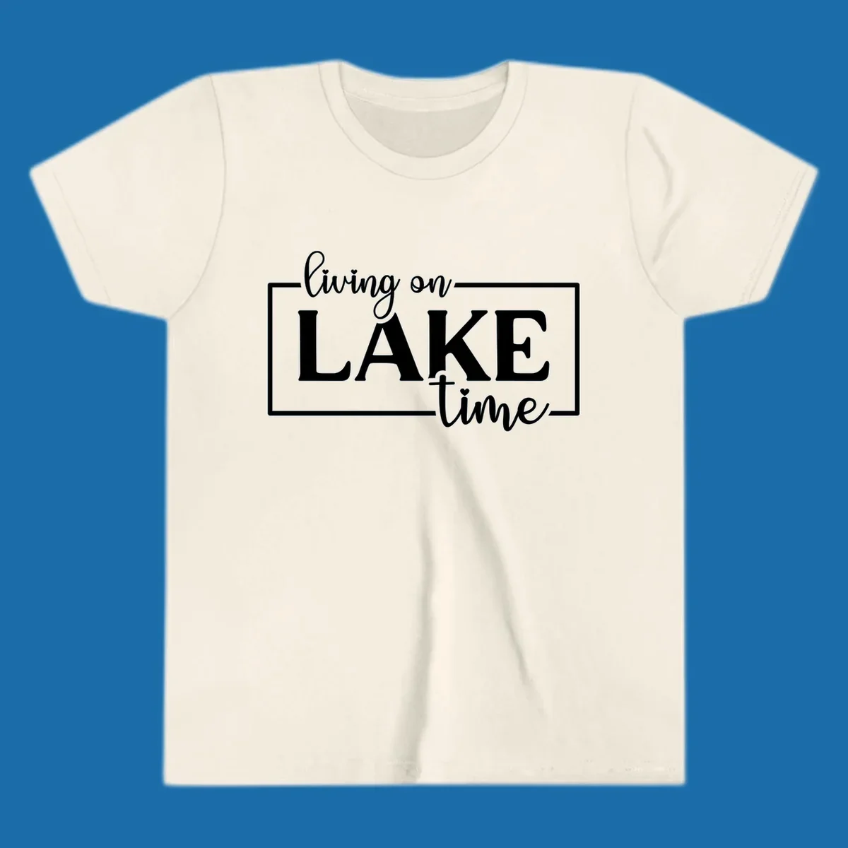 Living on lake time text design with script and bold fonts, inside a rectangle.