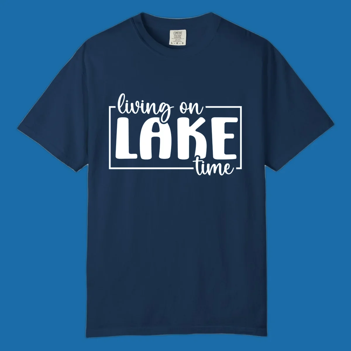 Living on lake time lifestyle phrase in white lettering on black and white backgrounds.