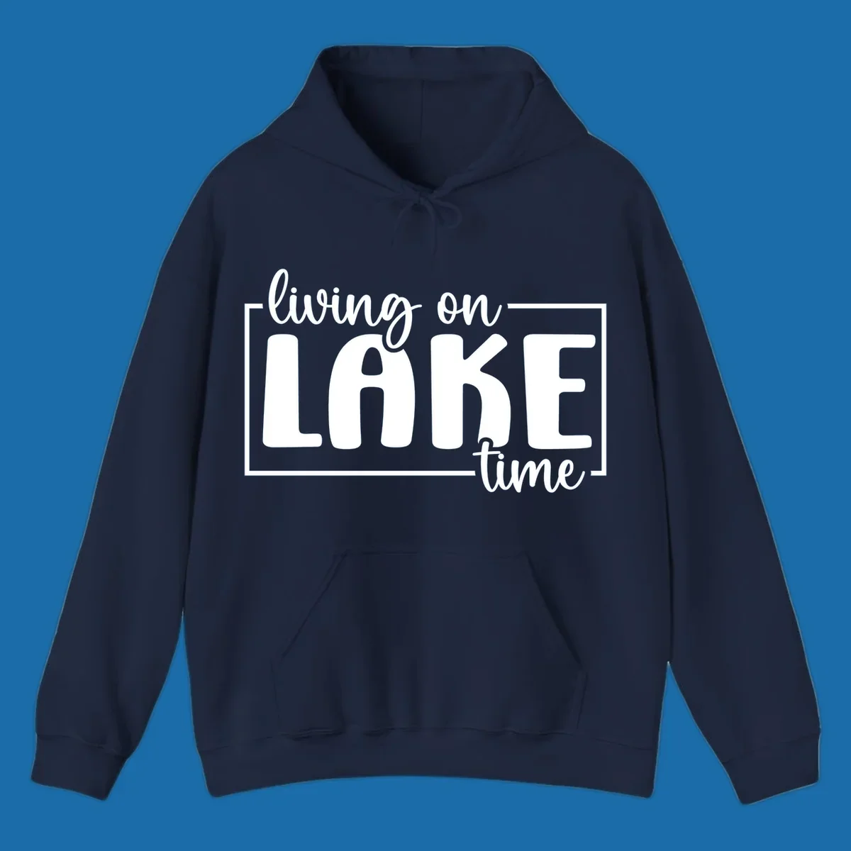 Living on lake time lifestyle phrase in white lettering on black and white backgrounds.