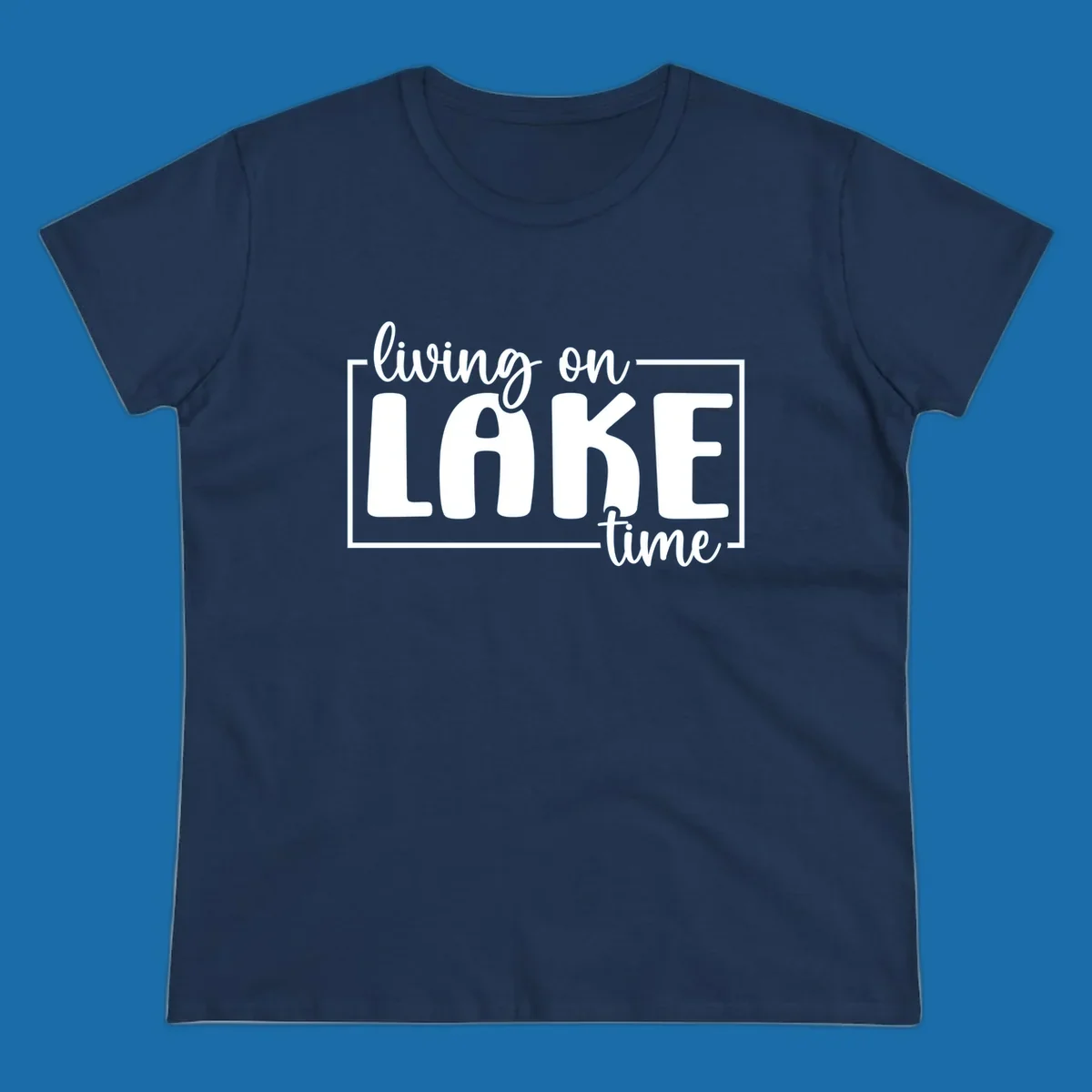 Living on lake time lifestyle phrase in white lettering on black and white backgrounds.