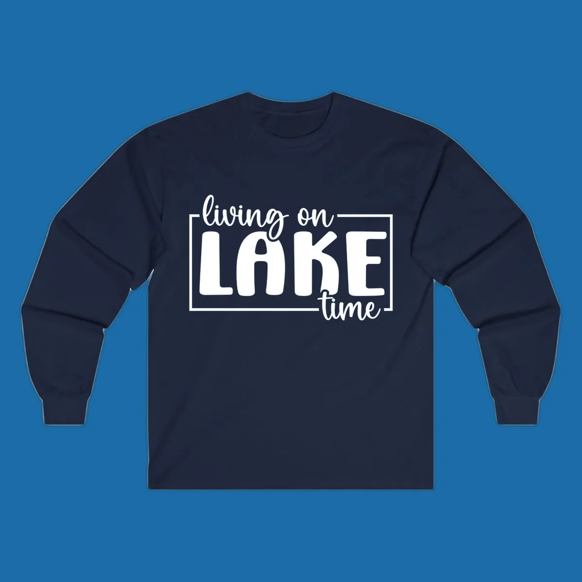 Living on lake time lifestyle phrase in white lettering on black and white backgrounds.
