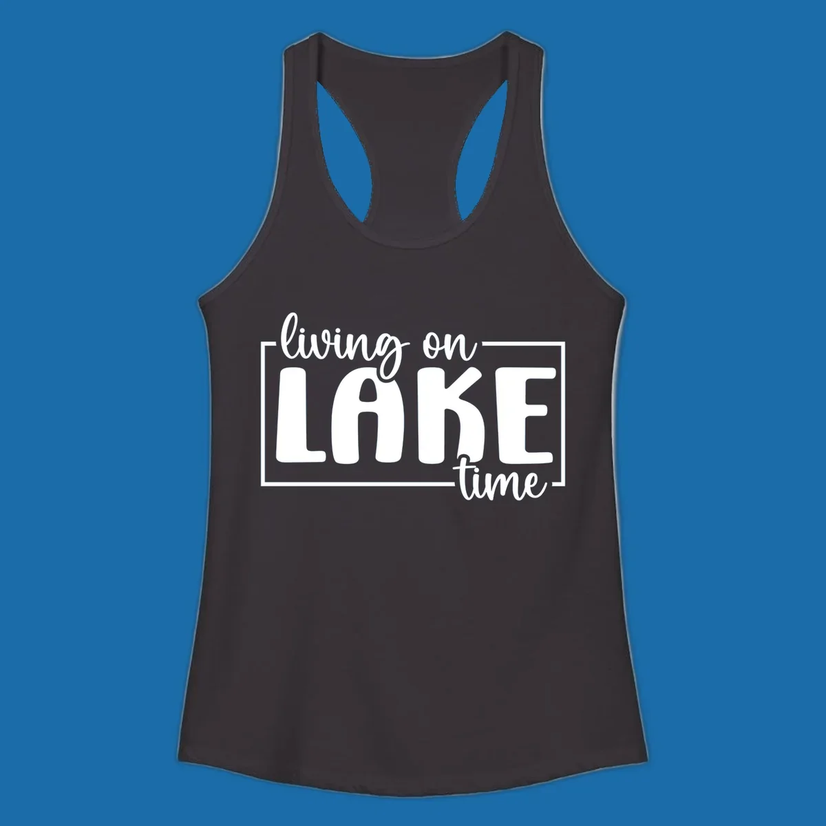 Living on lake time lifestyle phrase in white lettering on black and white backgrounds.