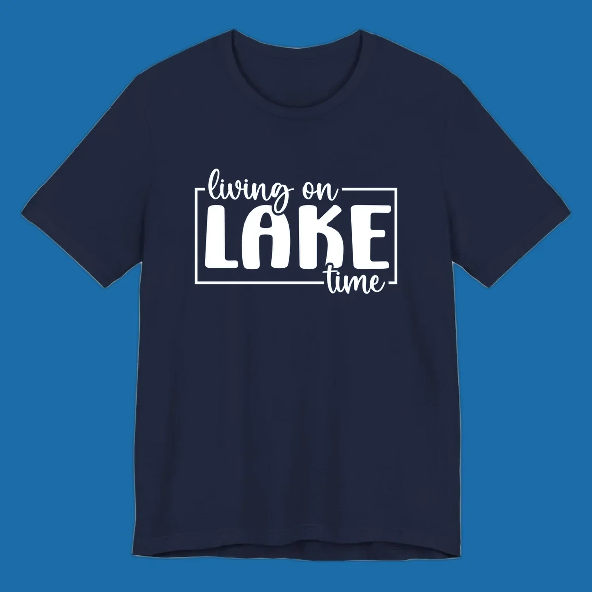 Living on lake time lifestyle phrase in white lettering on black and white backgrounds.