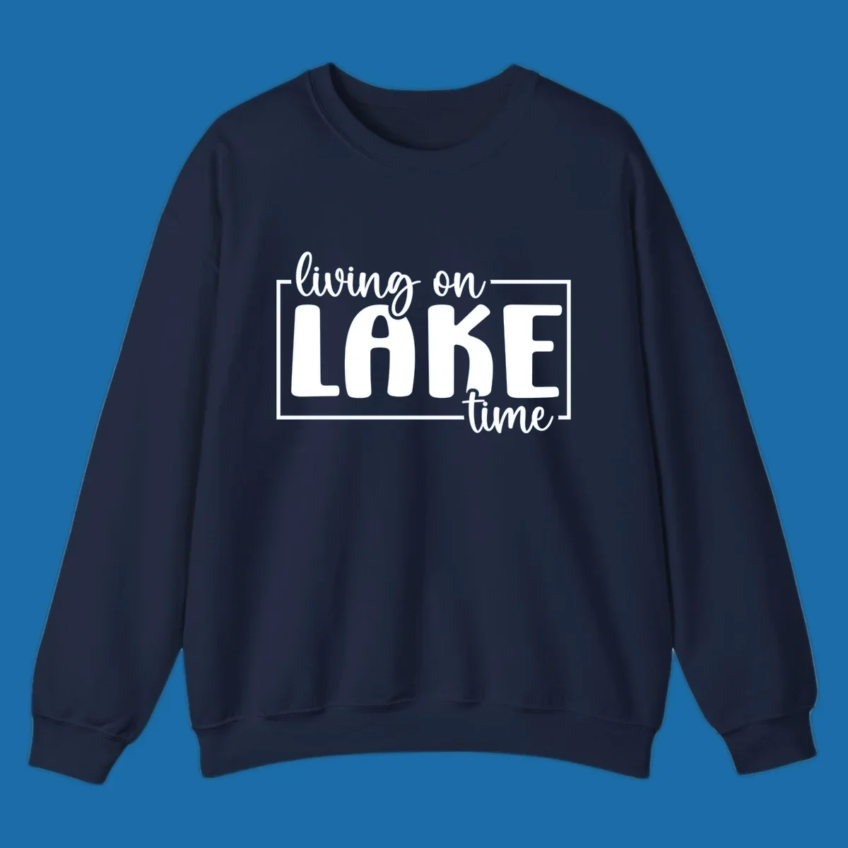 Living on lake time lifestyle phrase in white lettering on black and white backgrounds.