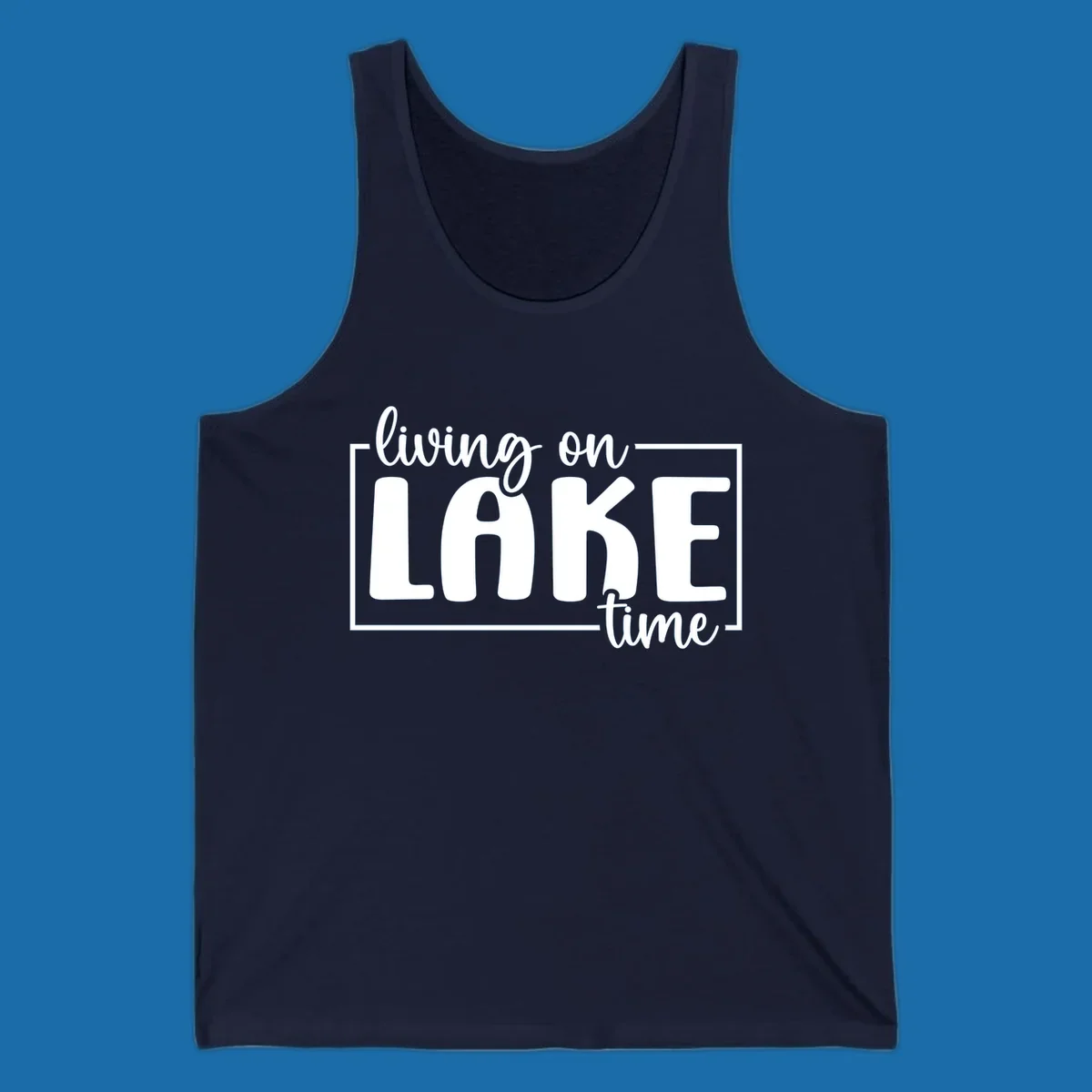 Living on lake time lifestyle phrase in white lettering on black and white backgrounds.
