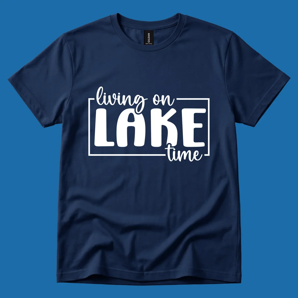 Living on lake time lifestyle phrase in white lettering on black and white backgrounds.