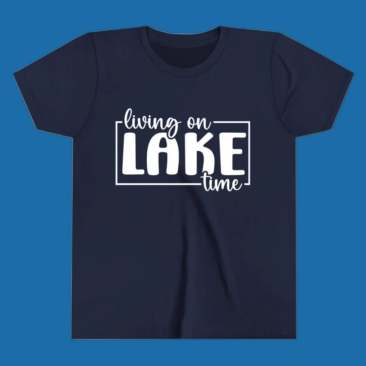 Living on lake time lifestyle phrase in white lettering on black and white backgrounds.