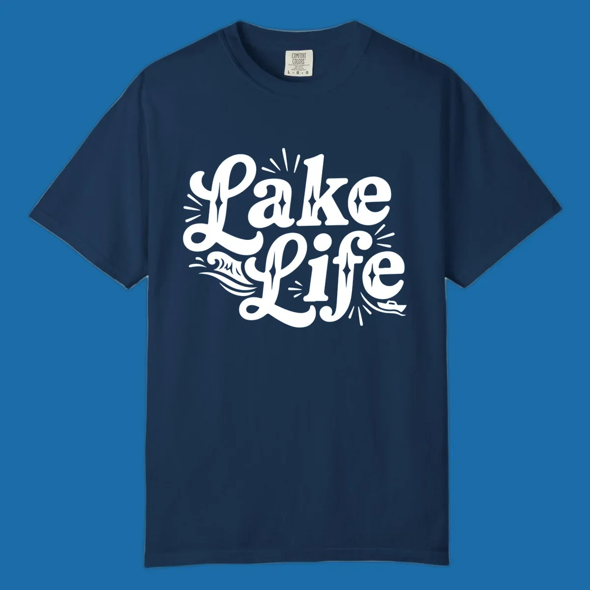 Retro typography design with "Lake Life", waves, and a boat, for lake-themed apparel.