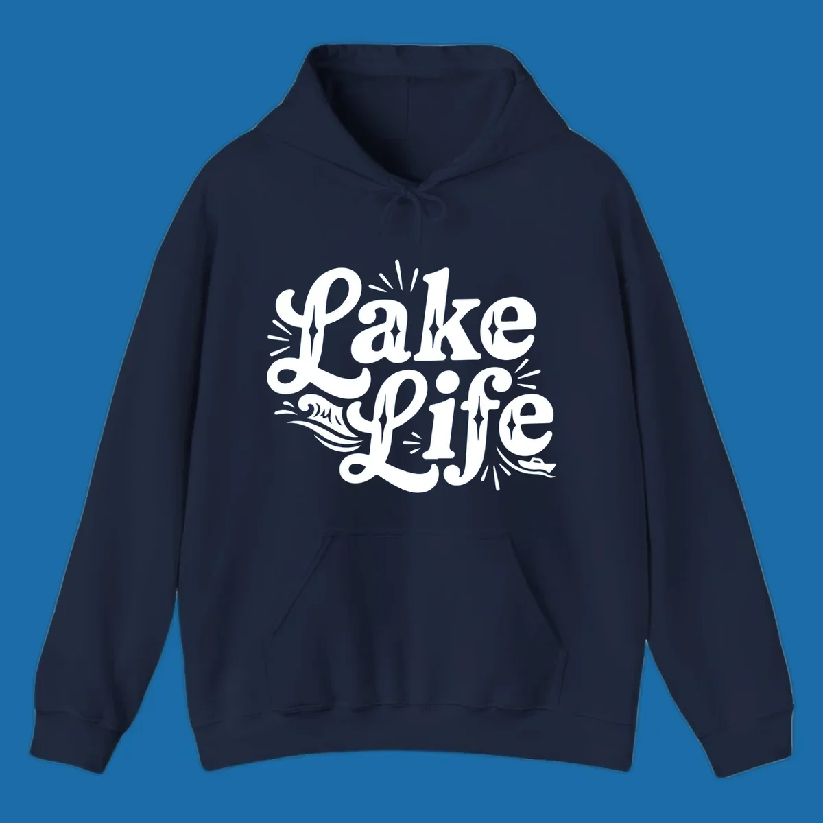 Retro typography design with "Lake Life", waves, and a boat, for lake-themed apparel.