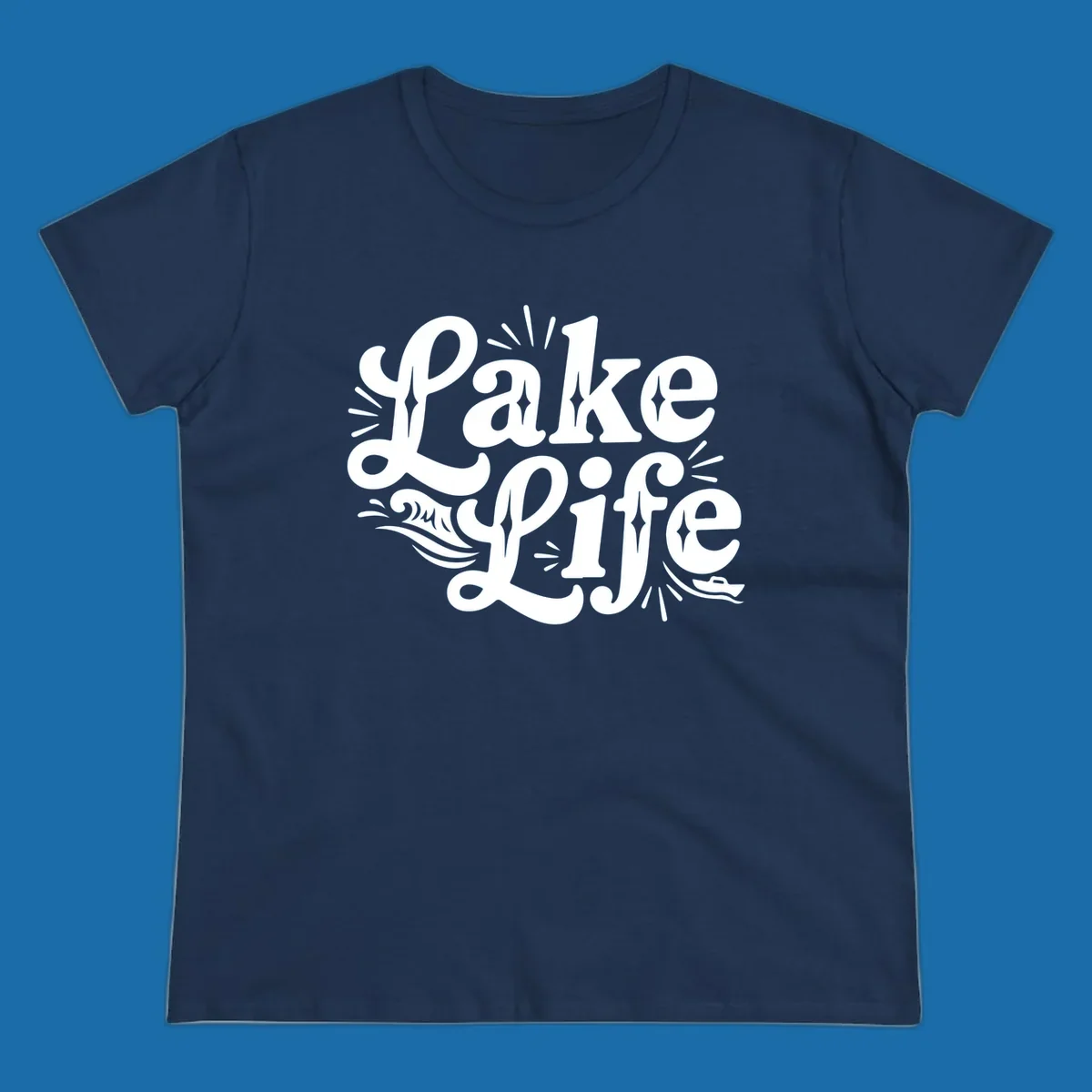 Retro typography design with "Lake Life", waves, and a boat, for lake-themed apparel.
