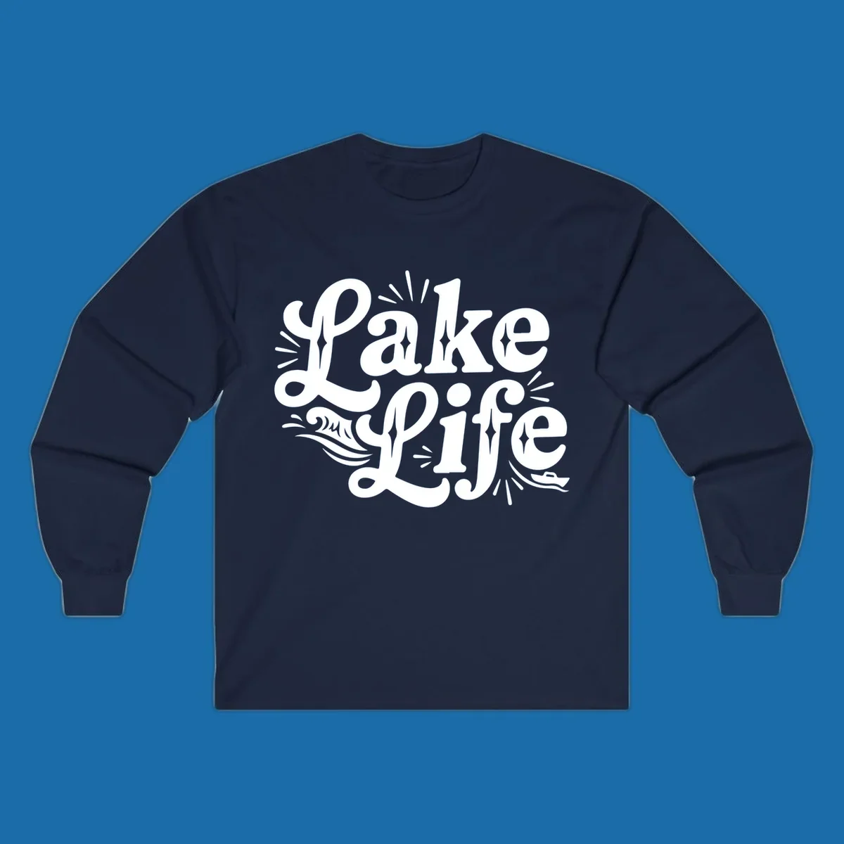 Retro typography design with "Lake Life", waves, and a boat, for lake-themed apparel.