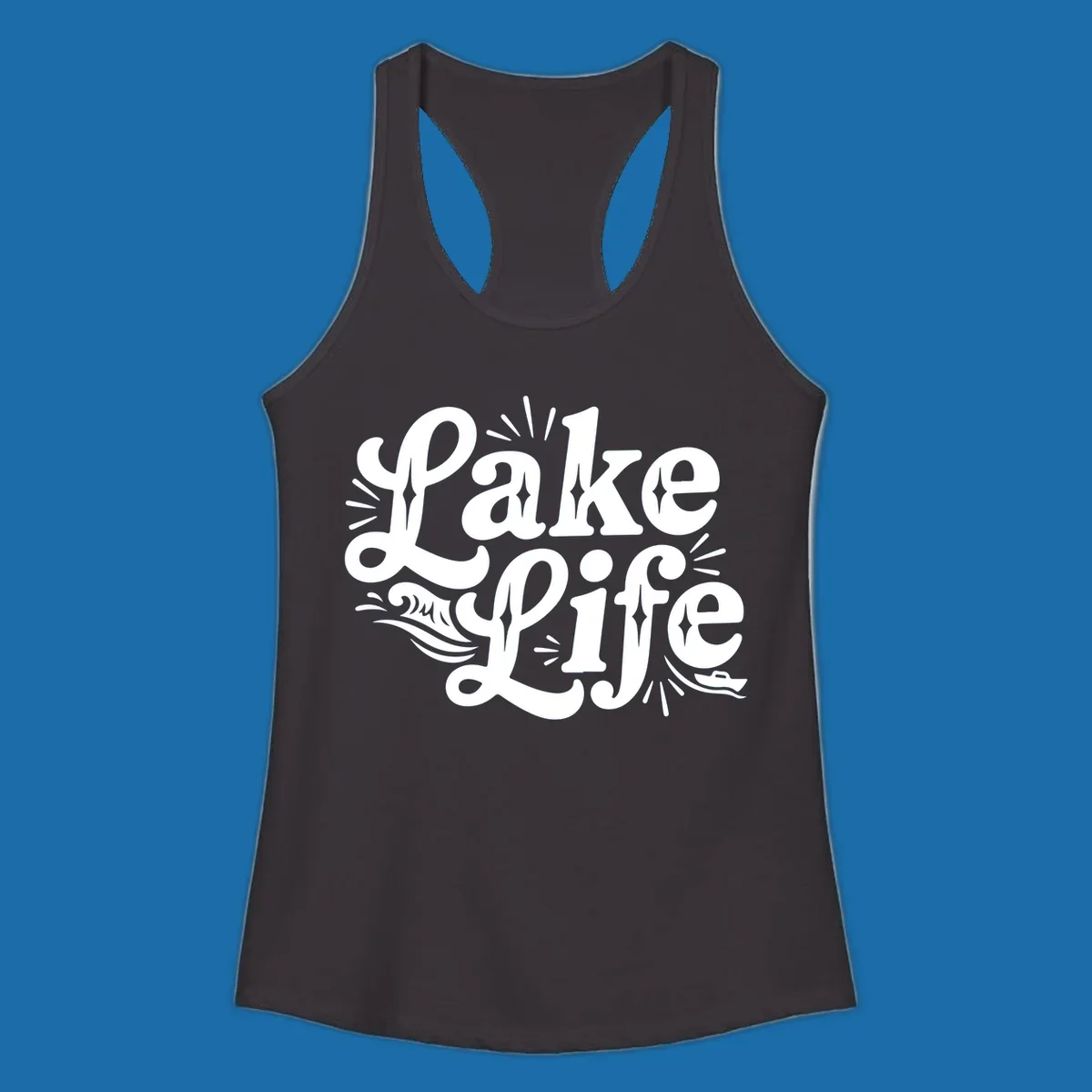 Retro typography design with "Lake Life", waves, and a boat, for lake-themed apparel.