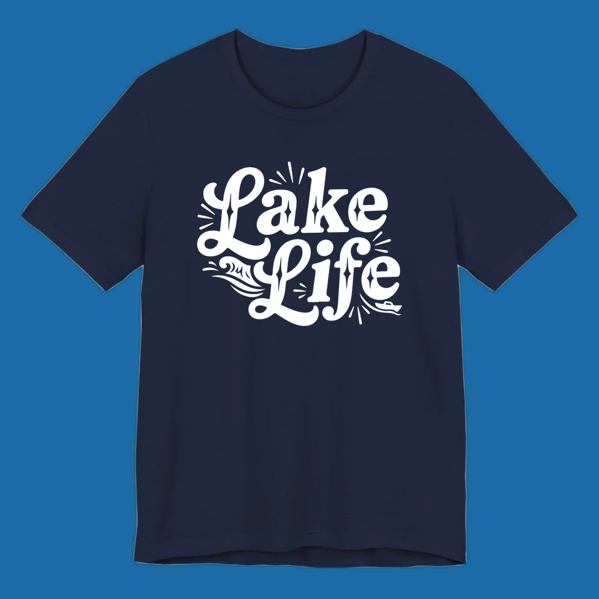 Retro typography design with "Lake Life", waves, and a boat, for lake-themed apparel.