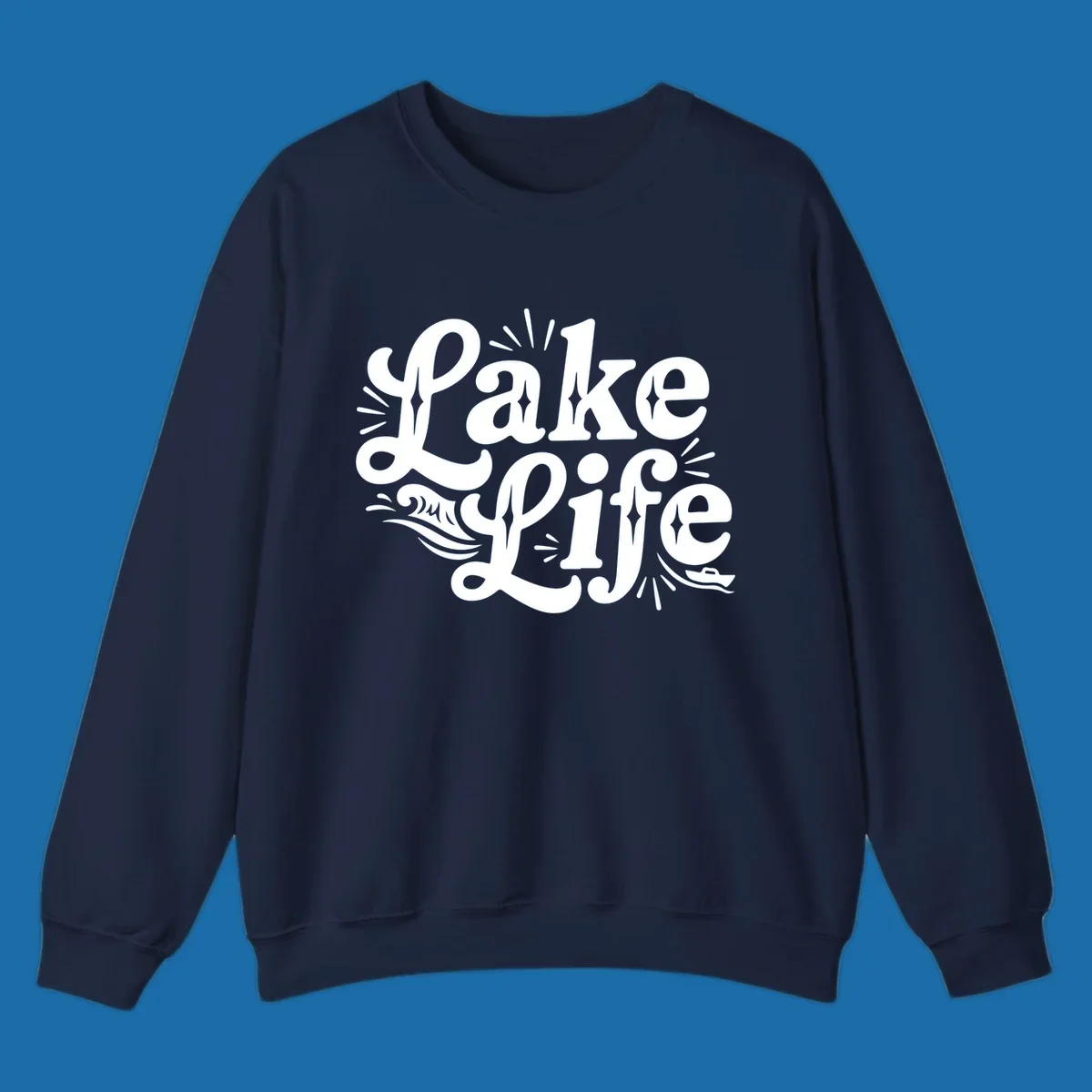 Retro typography design with "Lake Life", waves, and a boat, for lake-themed apparel.
