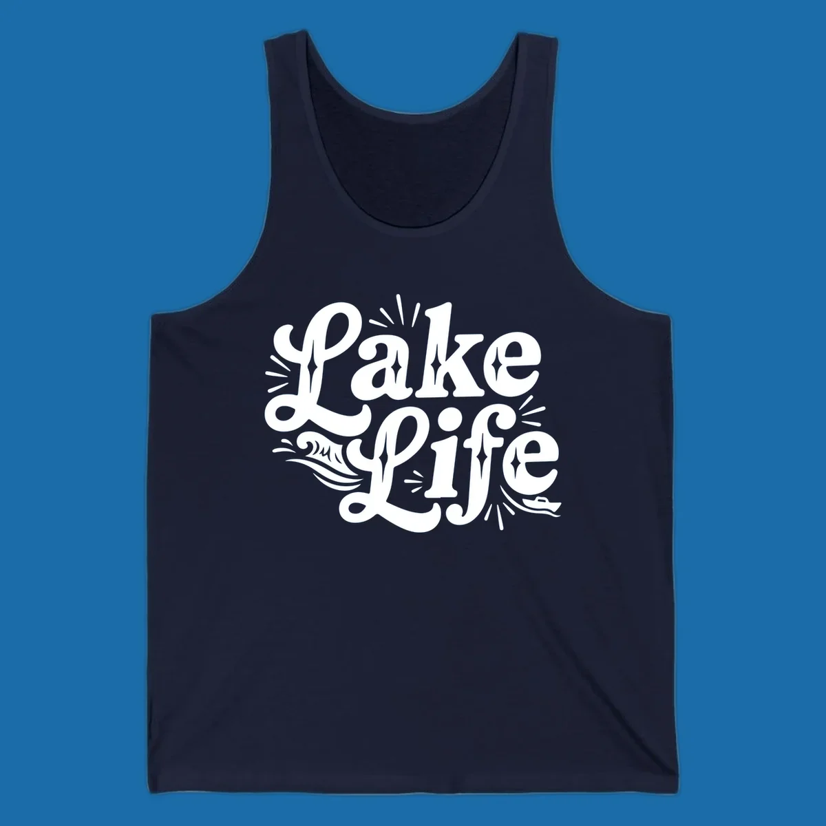 Retro typography design with "Lake Life", waves, and a boat, for lake-themed apparel.