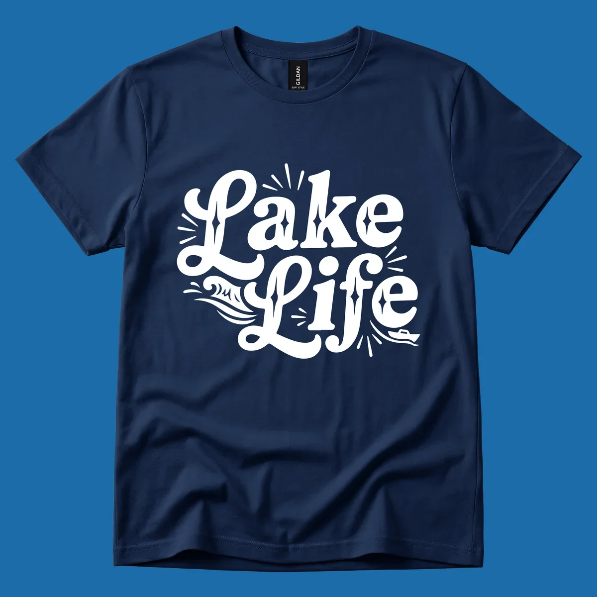 Retro typography design with "Lake Life", waves, and a boat, for lake-themed apparel.