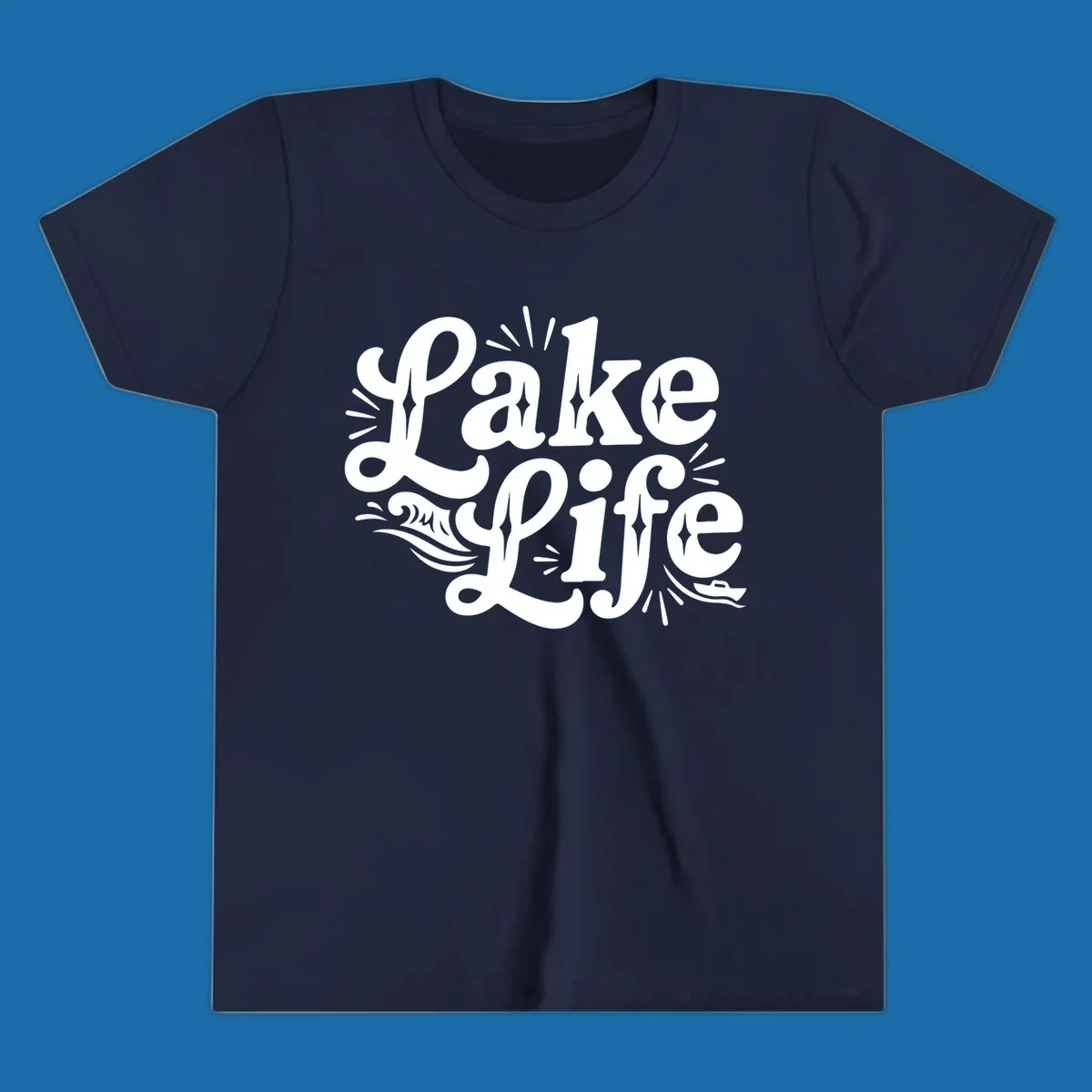Retro typography design with "Lake Life", waves, and a boat, for lake-themed apparel.