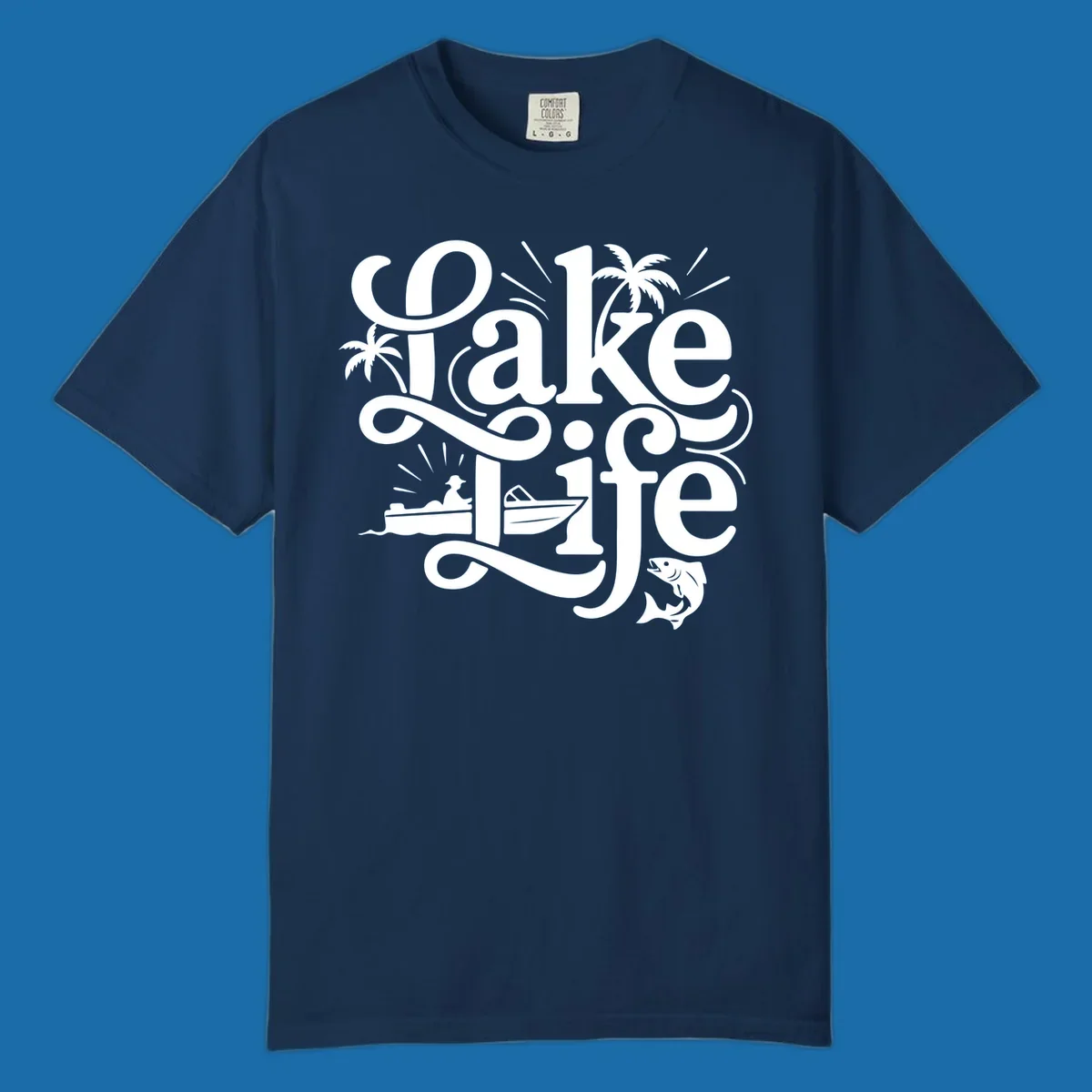 Lake Life typography with illustrations of boats, fish, and palm trees.